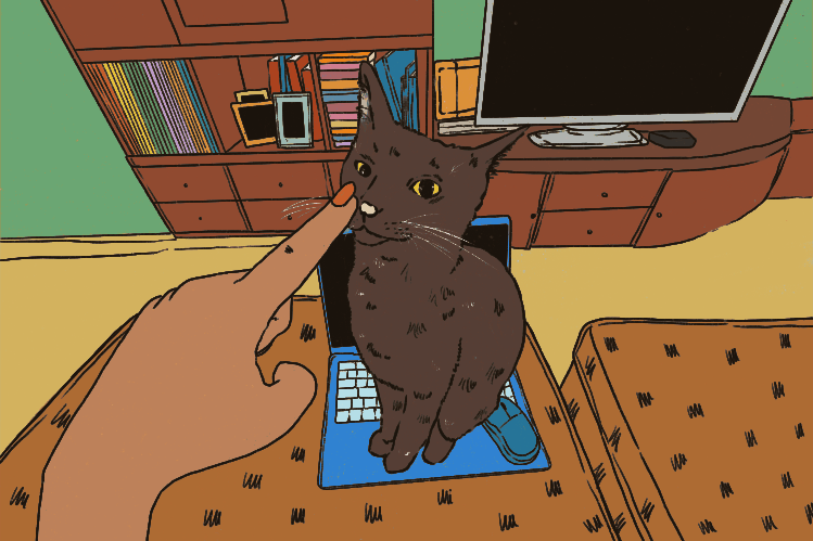 Jari menyentuh hidung kucing hitam di laptop