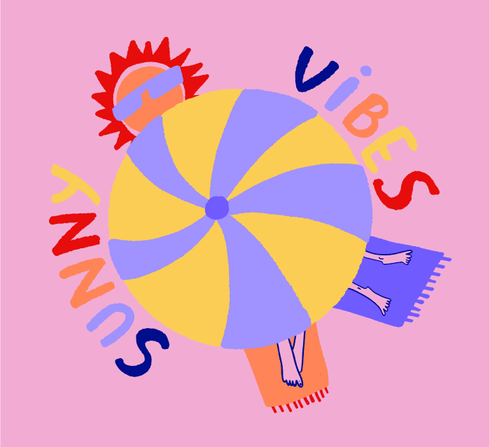 Bold sunny vibes lettering with beach umbrella and sun
