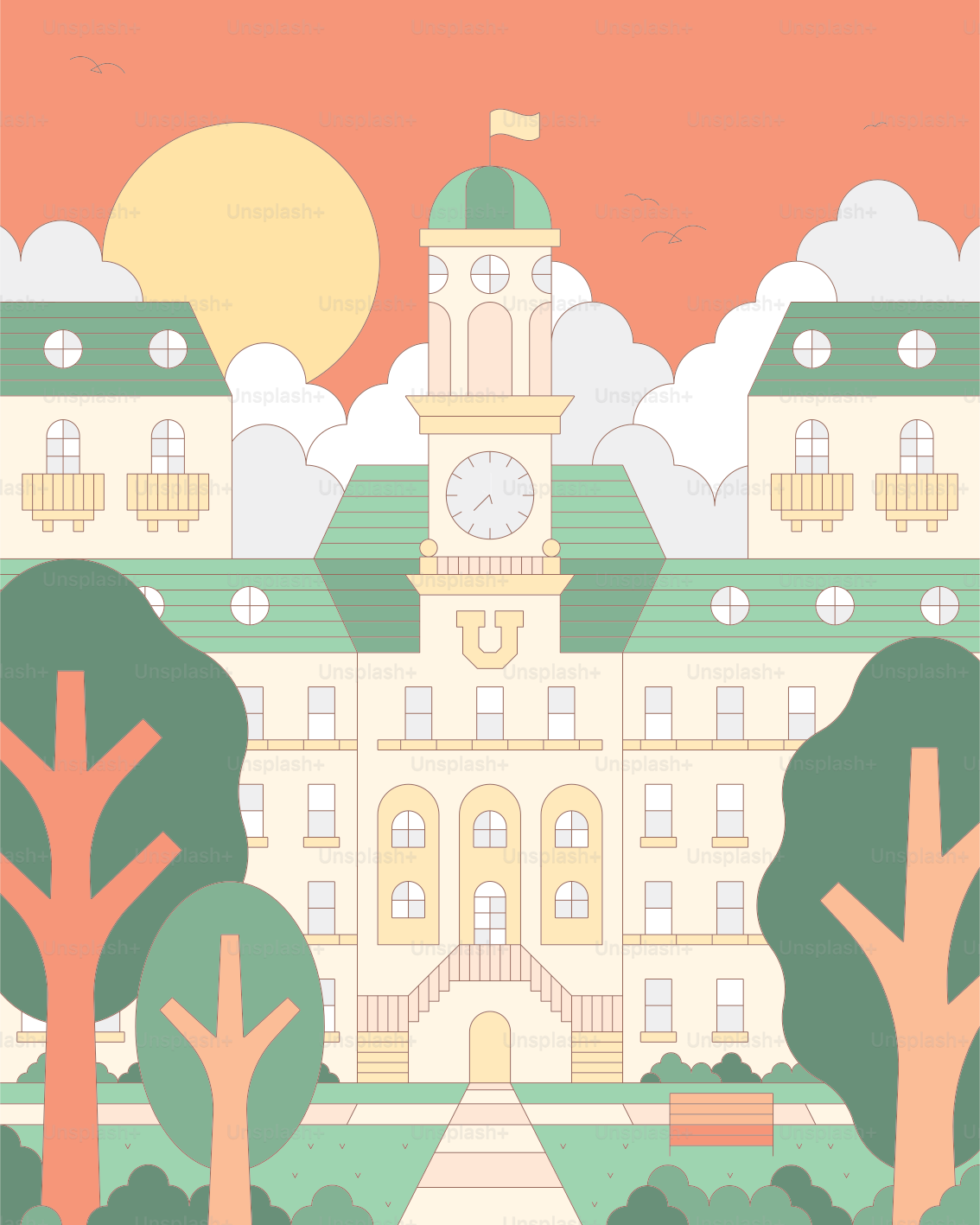 時計塔と階段を備えた大学の建物