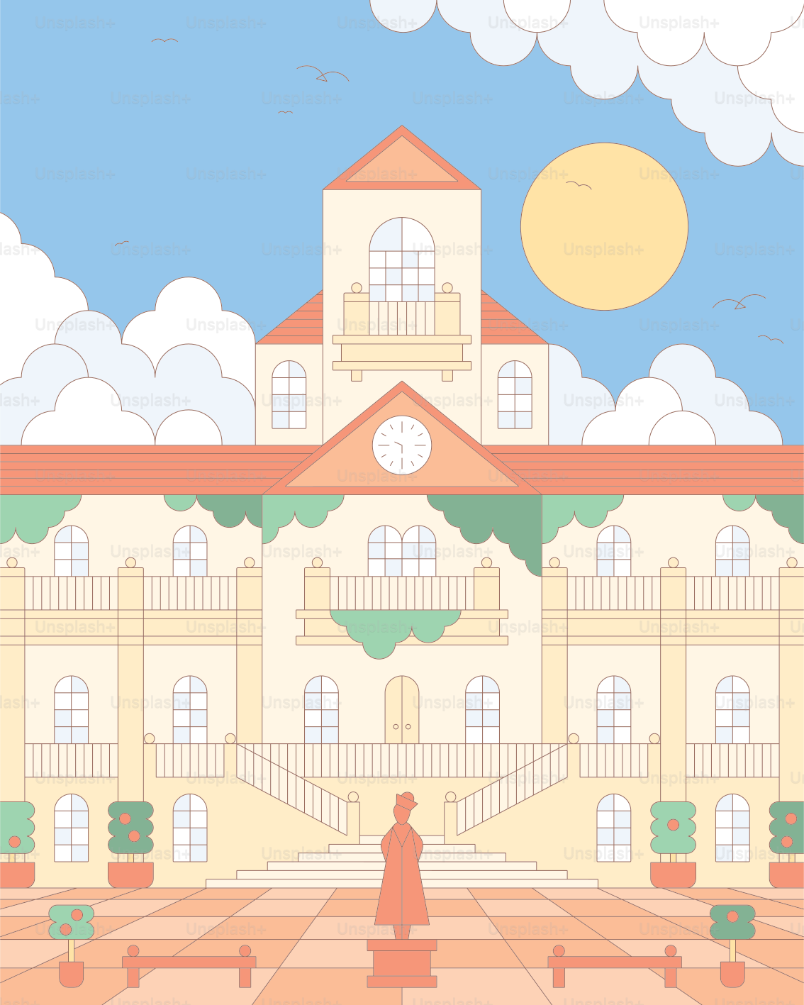 壮大な芸術大学の建物の前に立つ人物