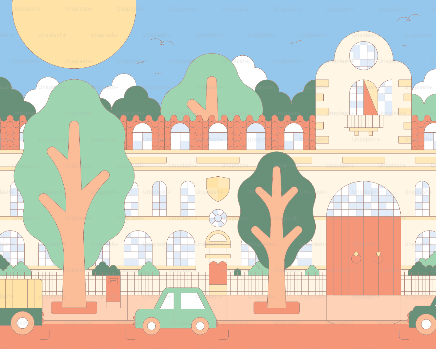 木々と車が描かれた市街地の大学の建物