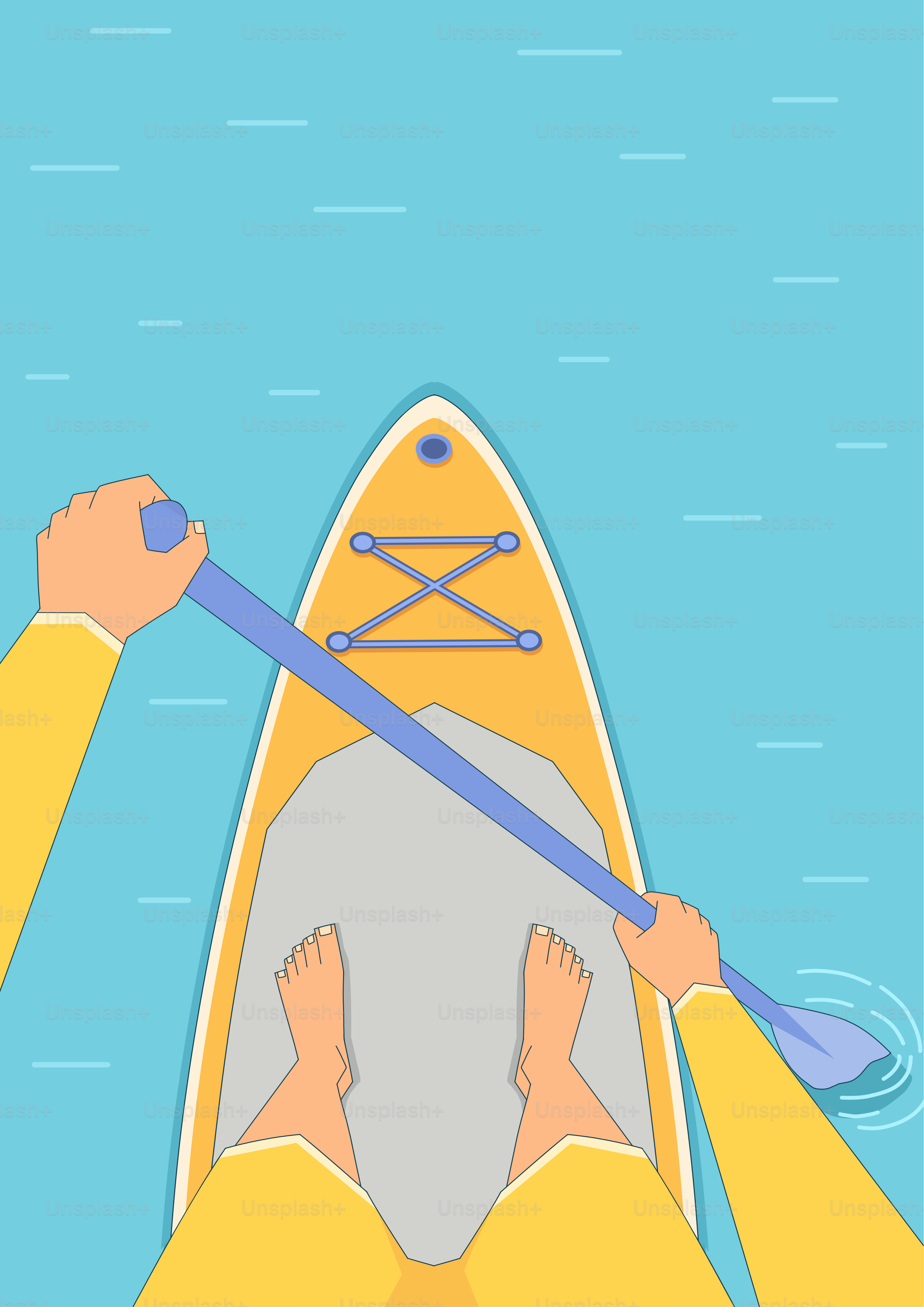Paddleboarding orang pertama di air biru yang tenang