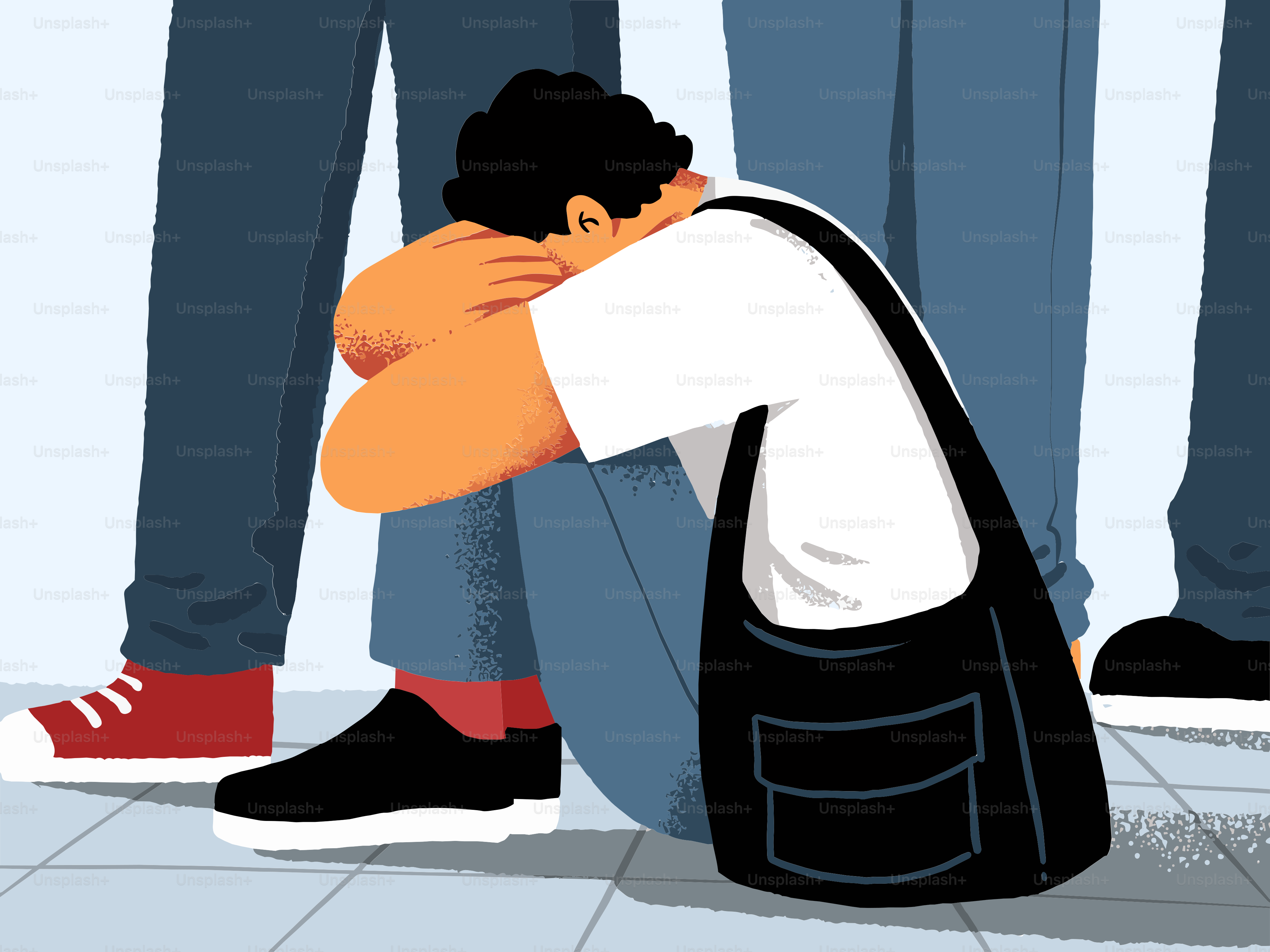 Young person hunched on floor surrounded by legs
