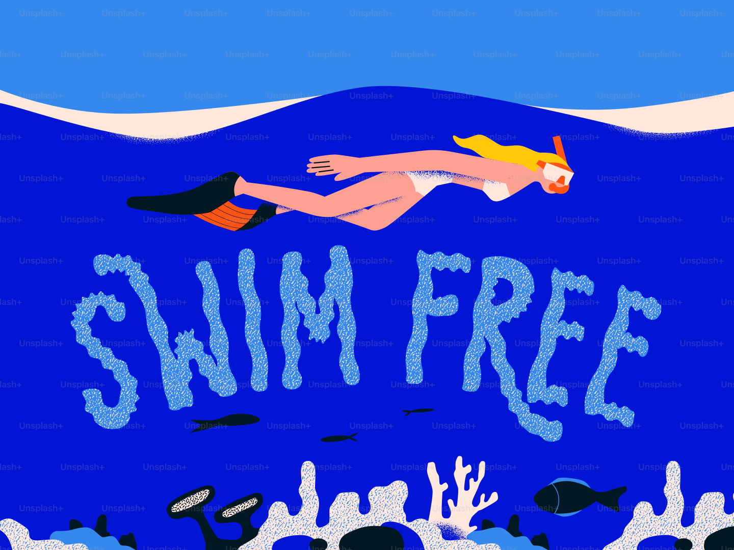 'swim free'라는 글자가 적힌 물속 스노클링 여성