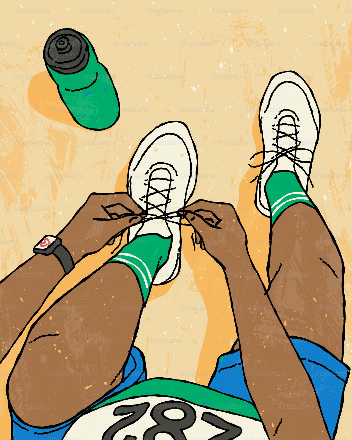 Atlet mengikat tali sepatu, mengenakan bib balap