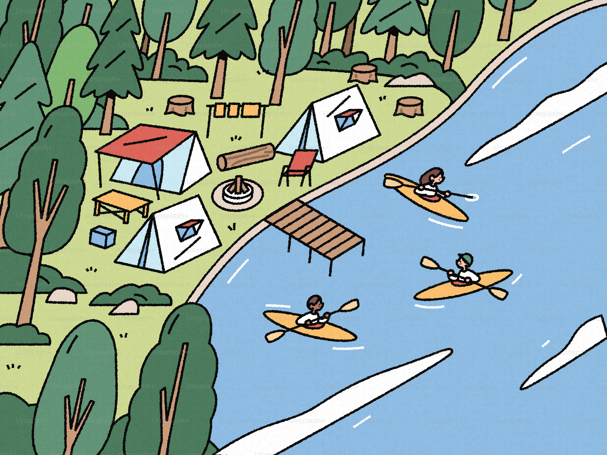 Caiaqueiros em um lago próximo a um acampamento na floresta