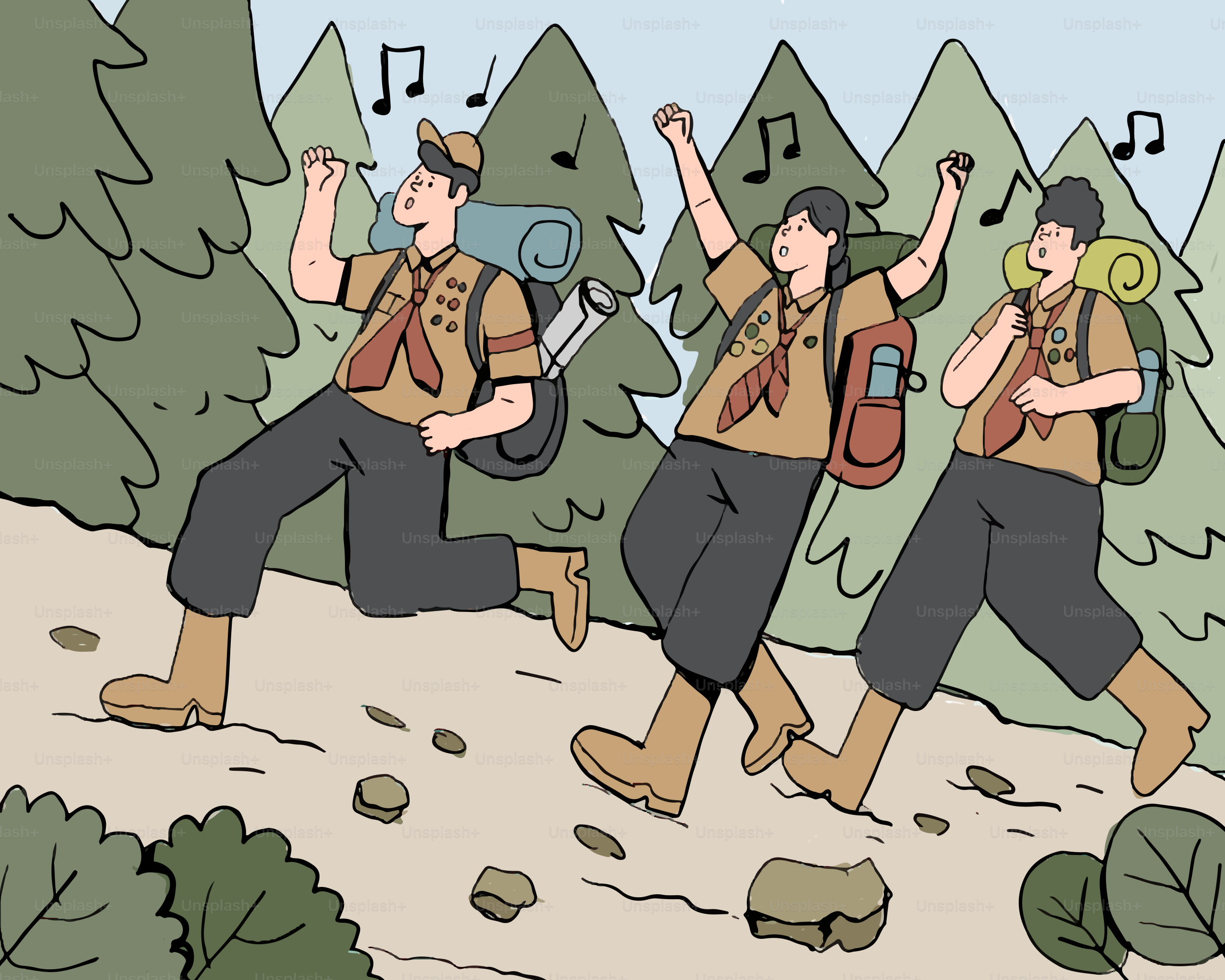 Three scouts hiking uphill through a forest, singing