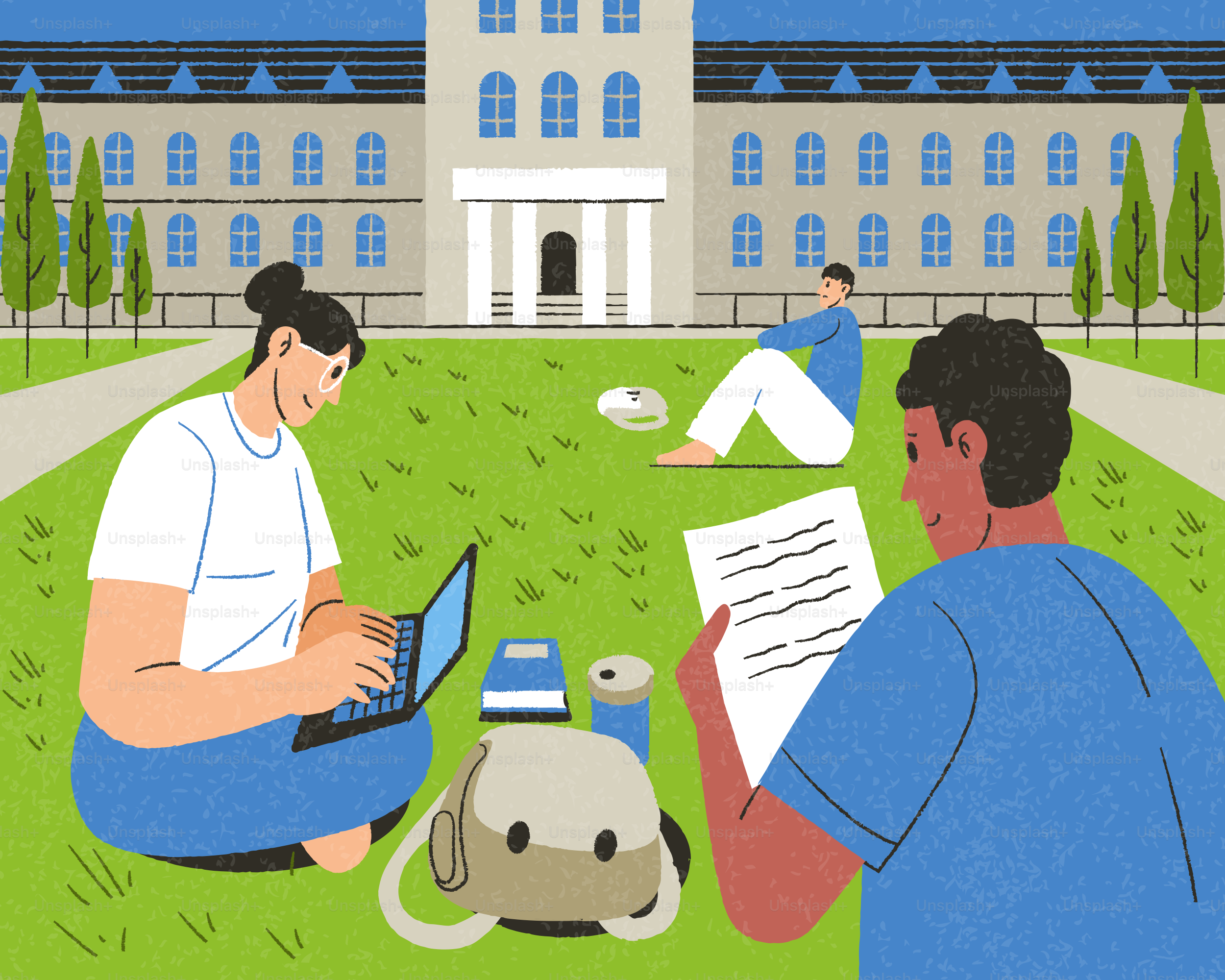 Estudantes estudando e relaxando no gramado do campus