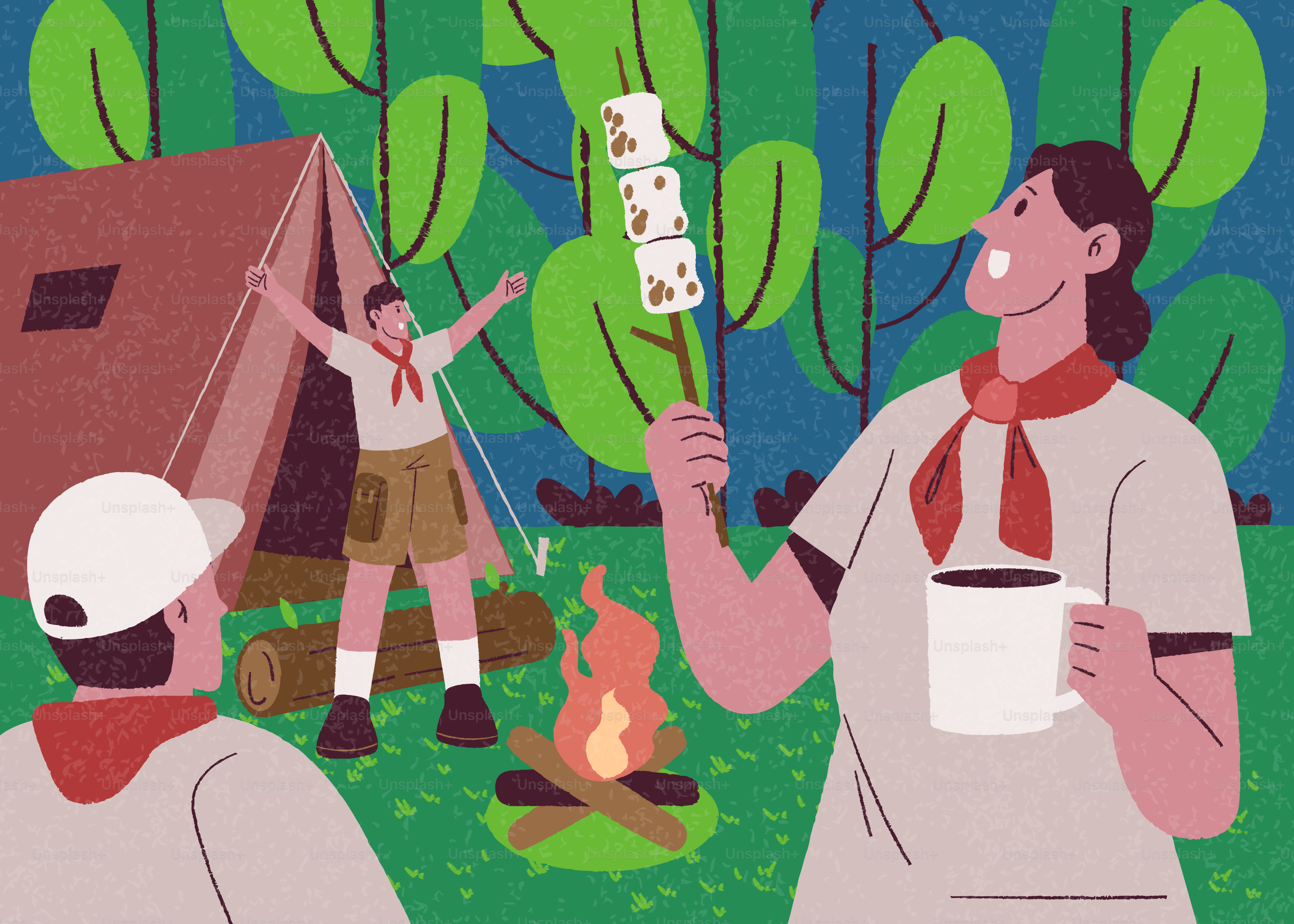 Escoteiros assando marshmallows em uma fogueira na floresta