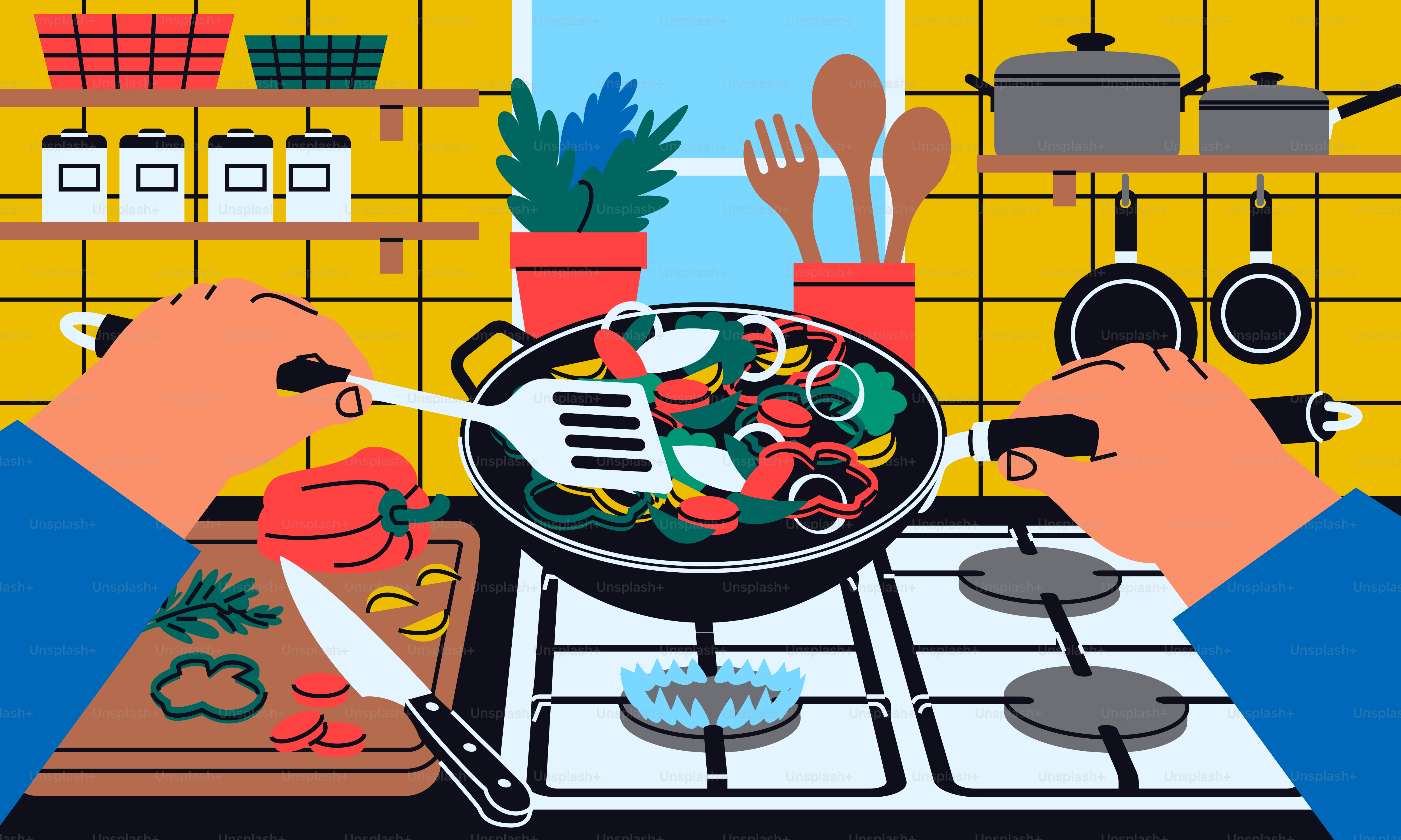 フライパンで野菜を調理する手、キッチンのイラスト