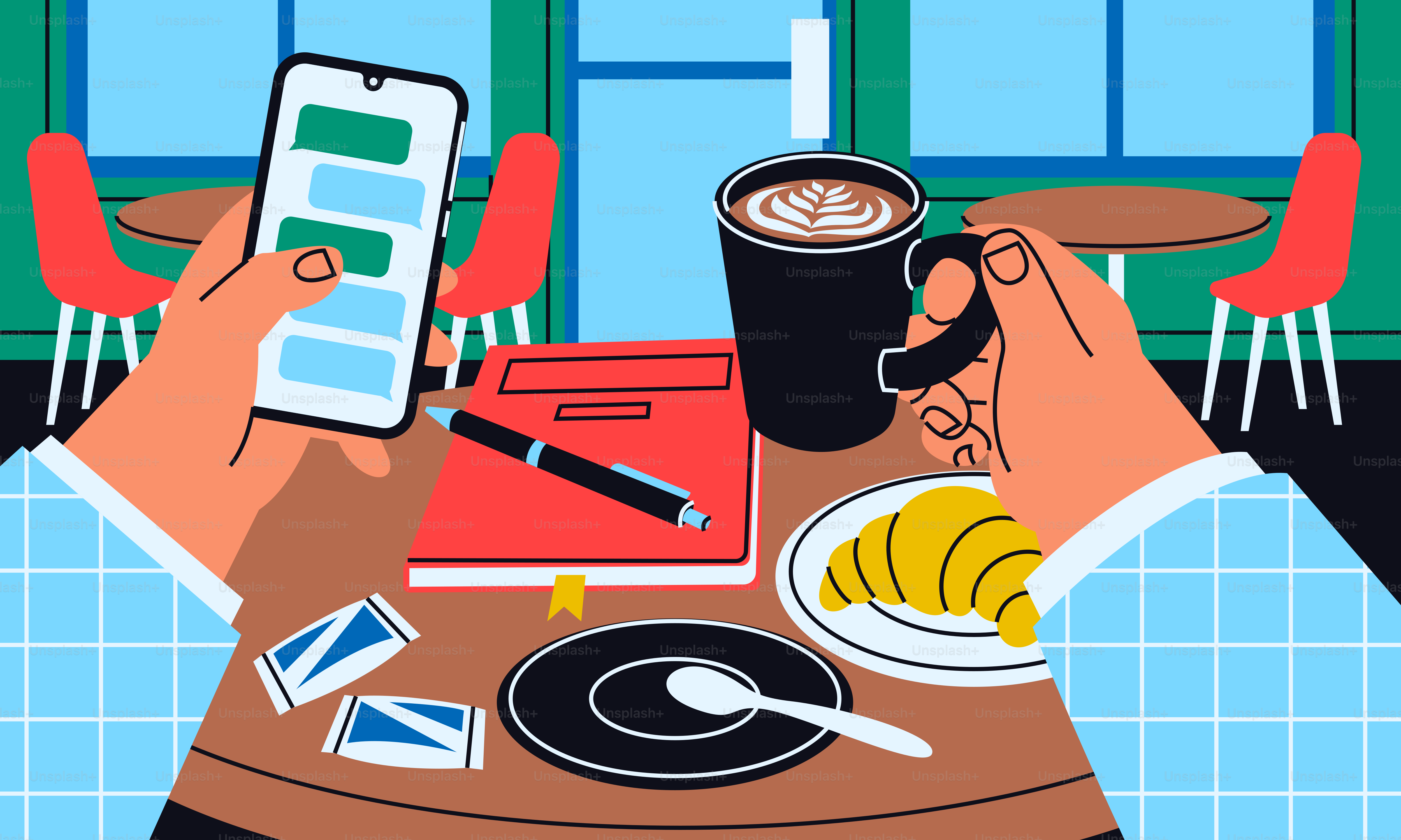 スマートフォンで手を送りながら、カフェでコーヒーを飲む