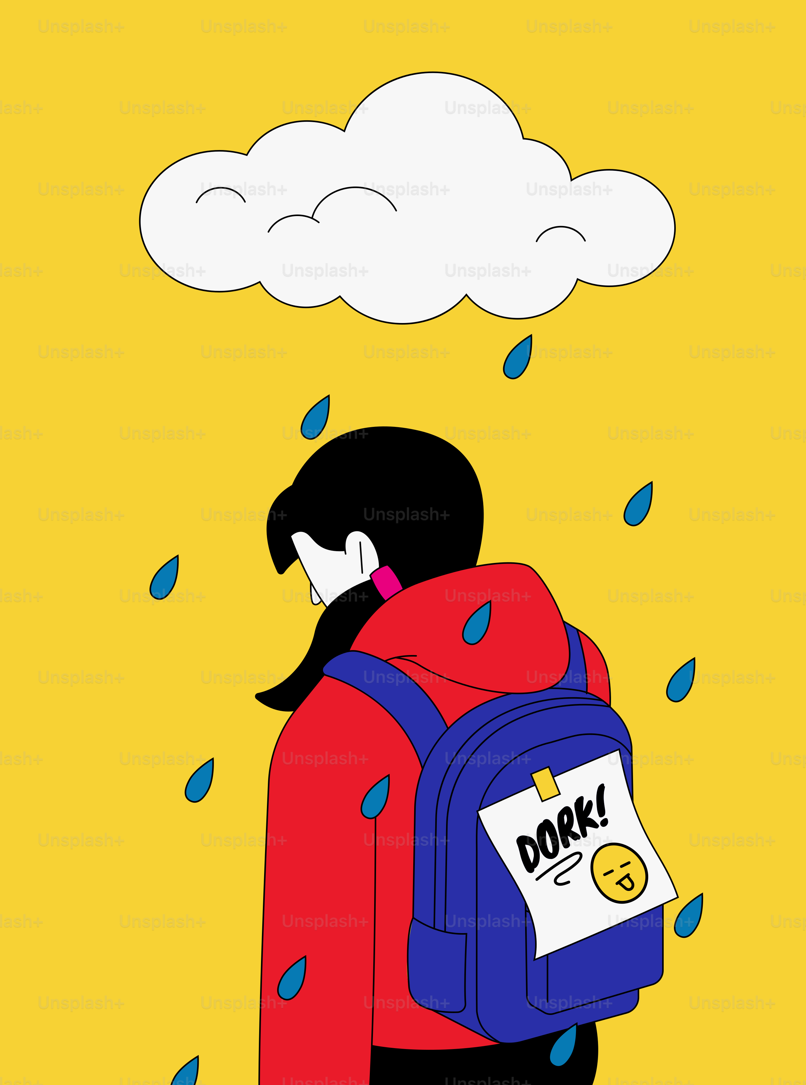Siswa dengan tanda 'dork' di ransel, hujan