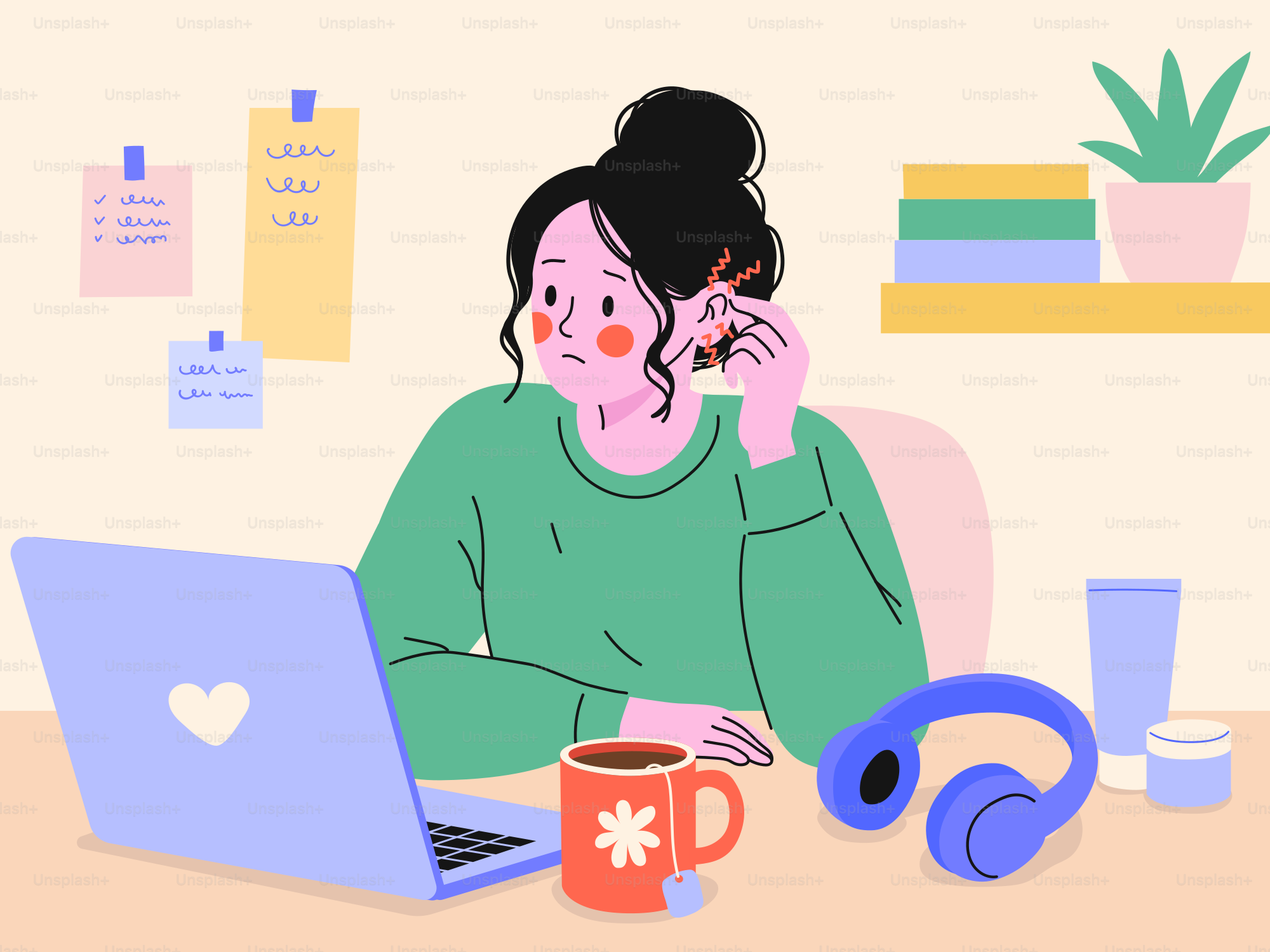 Woman scratching itchy ear while working at desk