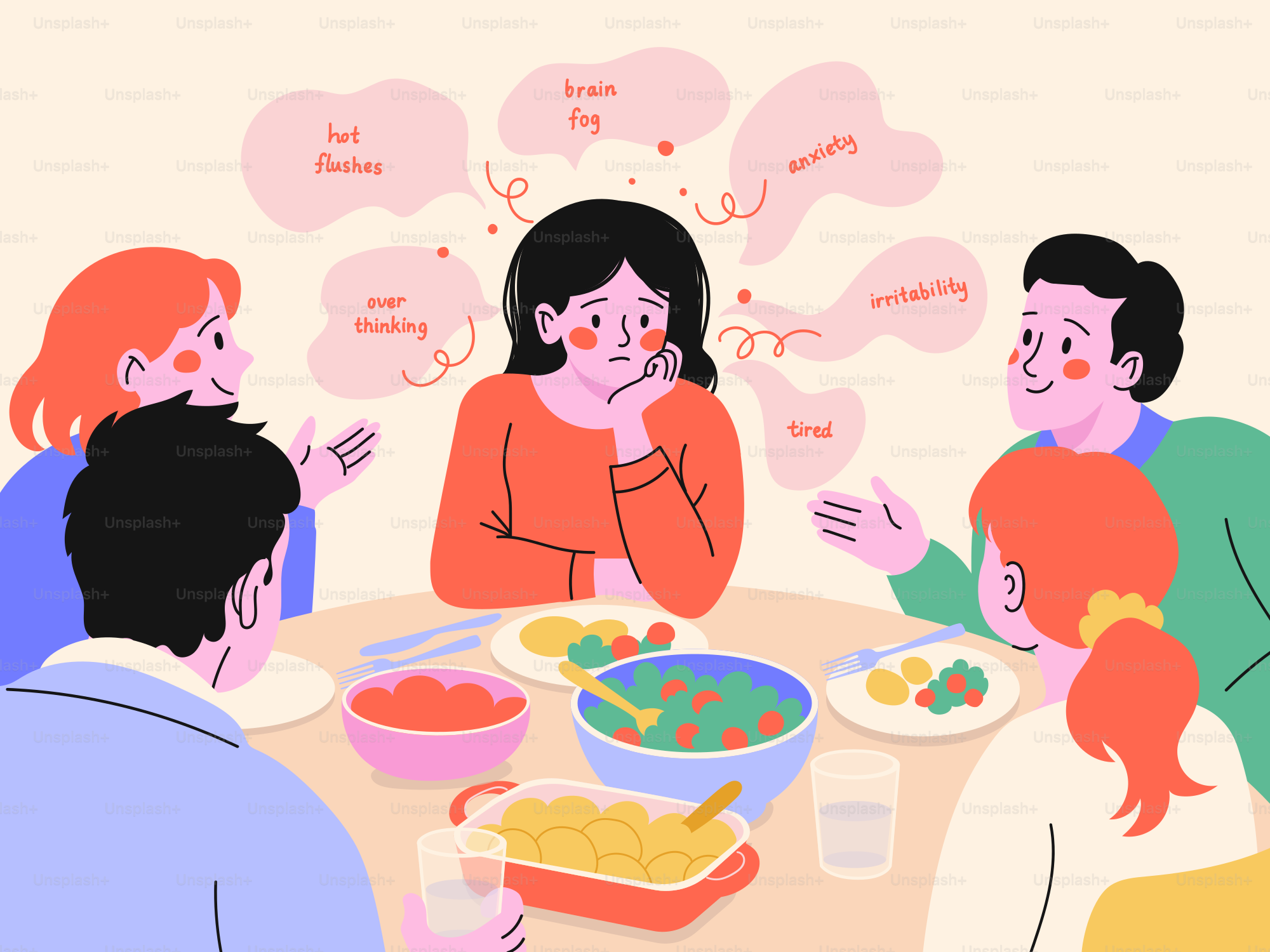 Woman experiencing invisible symptoms during family dinner