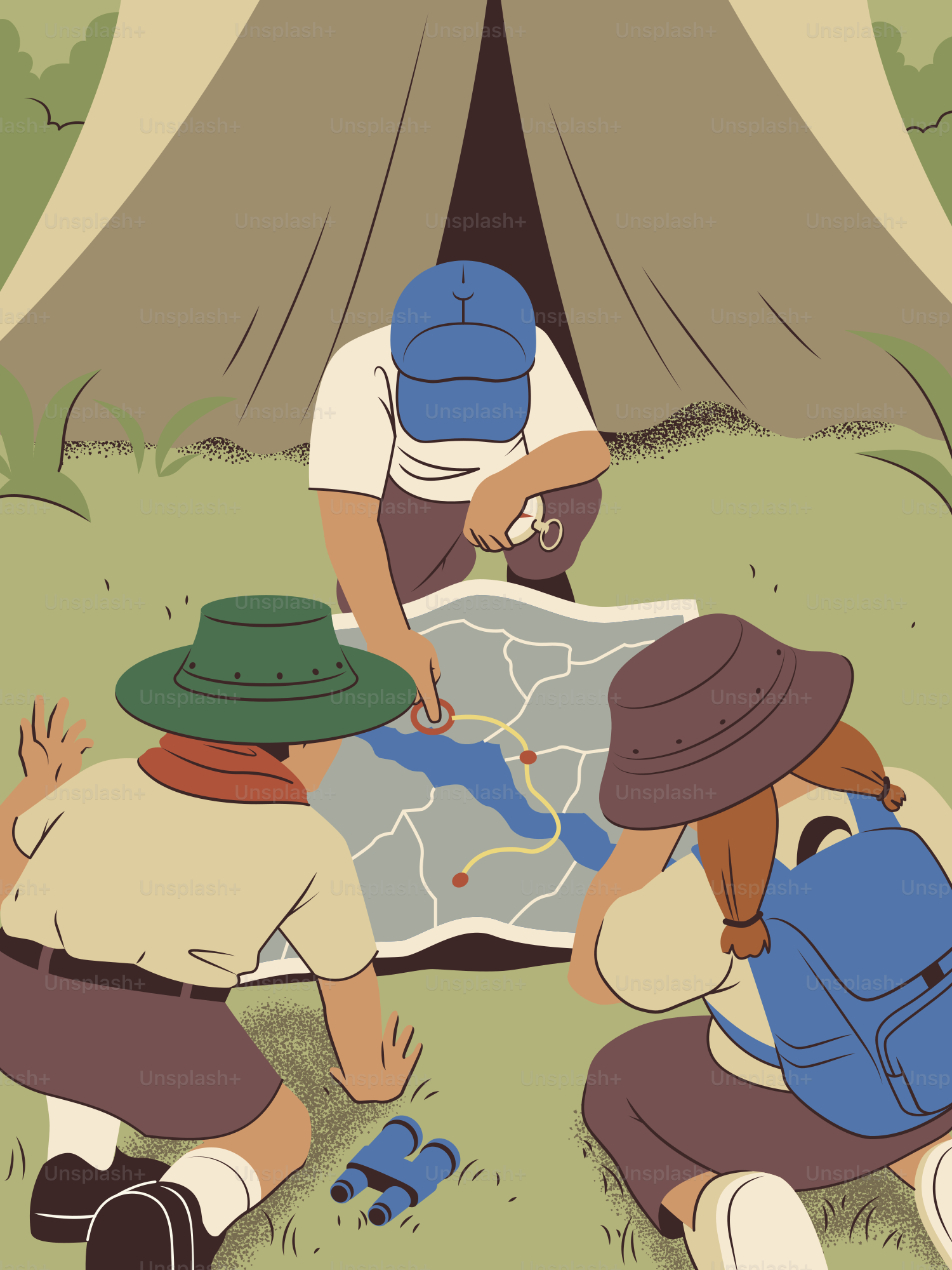 Scouts planificando una ruta en un mapa en un campamento
