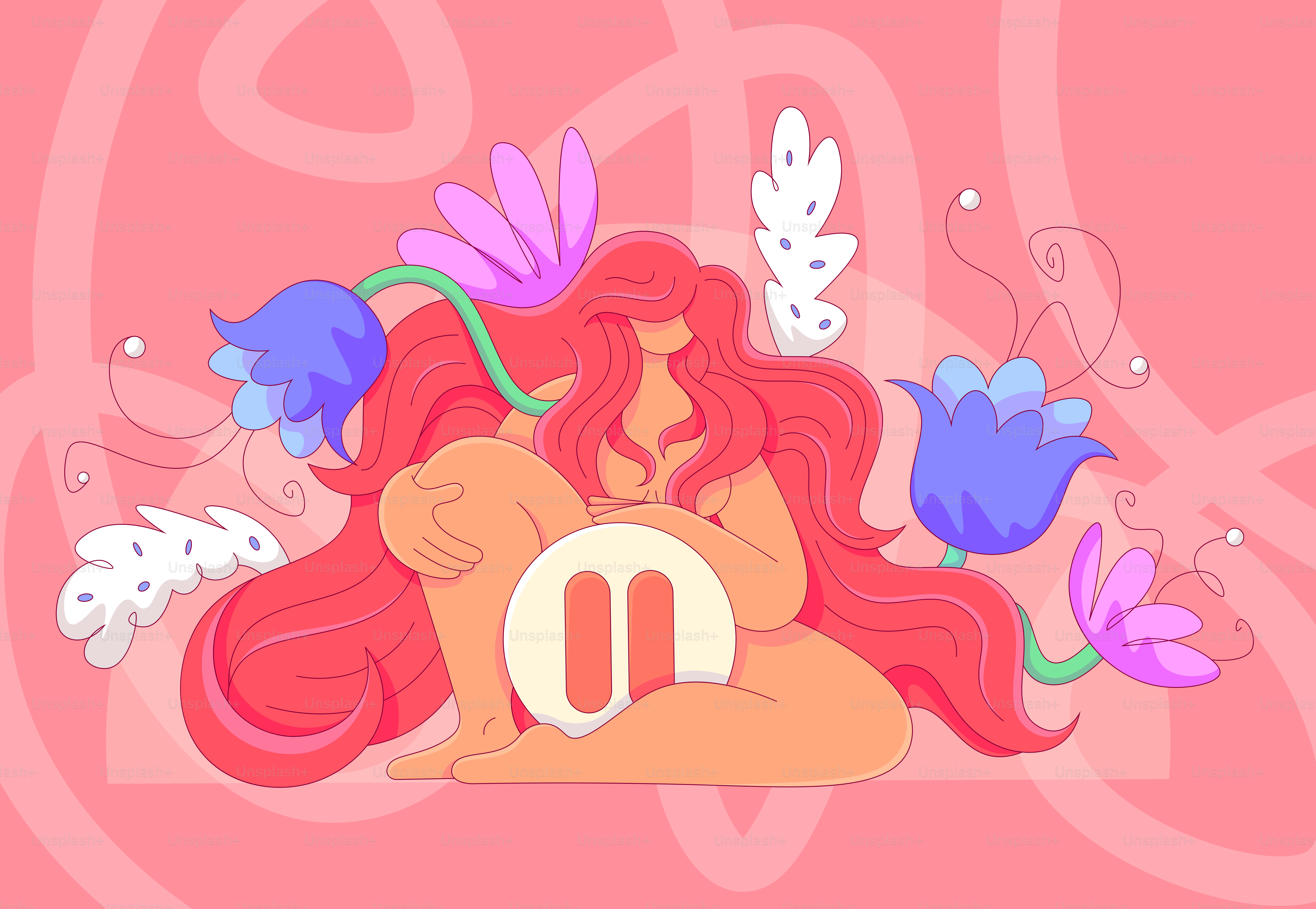 Red-haired woman with pause button surrounded by colorful flowers