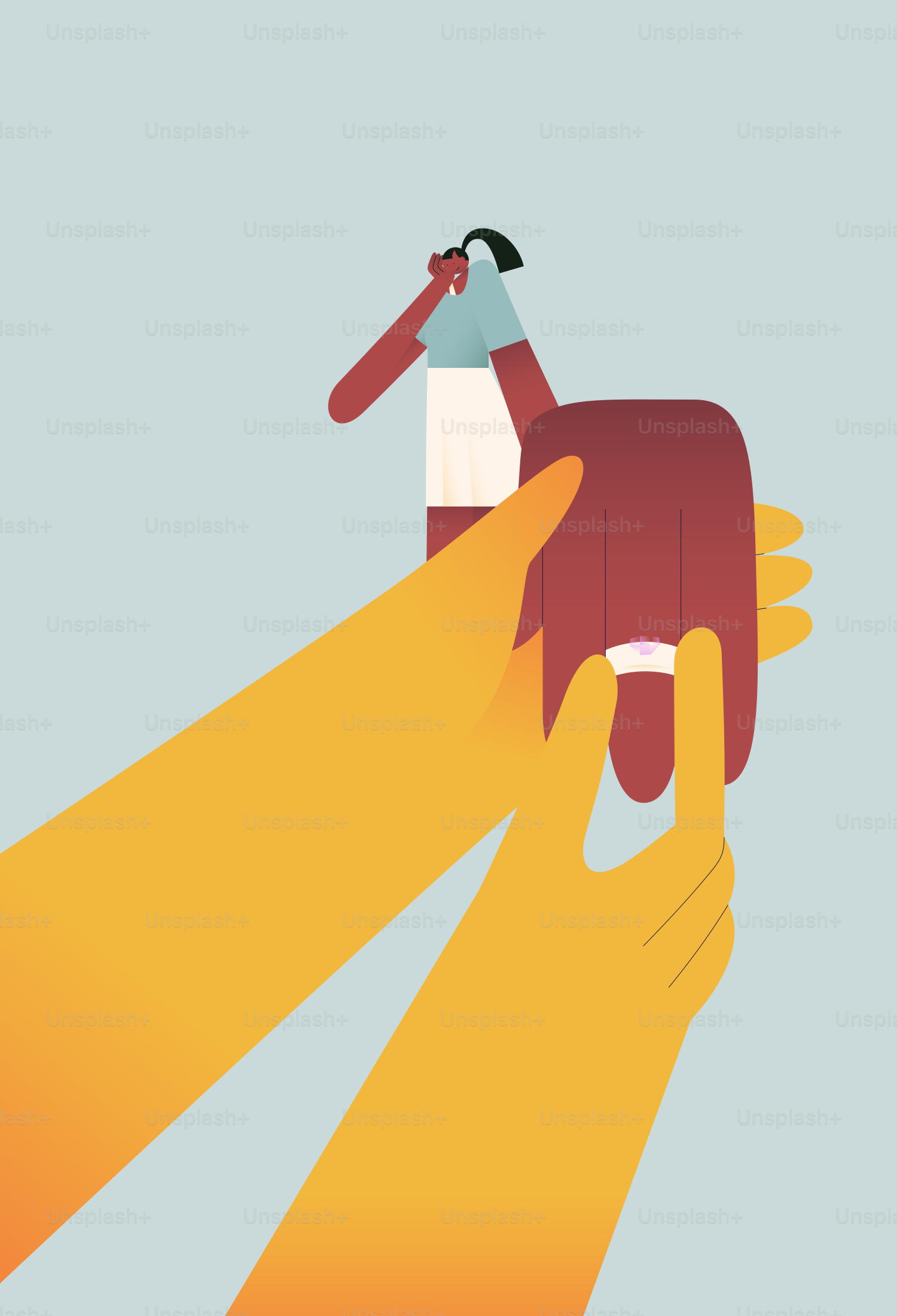 Large hands holding smartphone with crying person