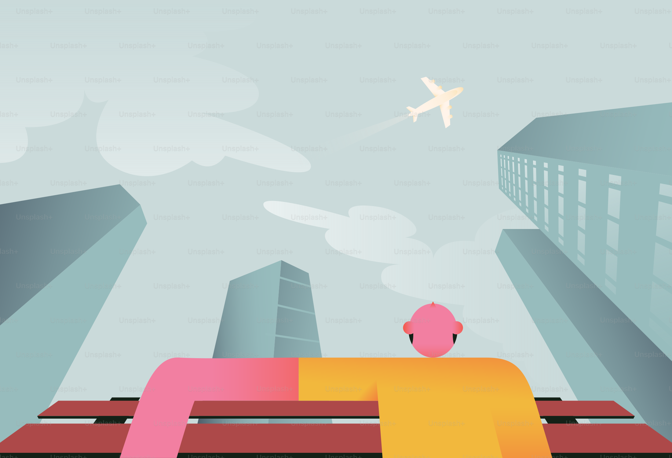 Person on bench watching airplane above city skyscrapers