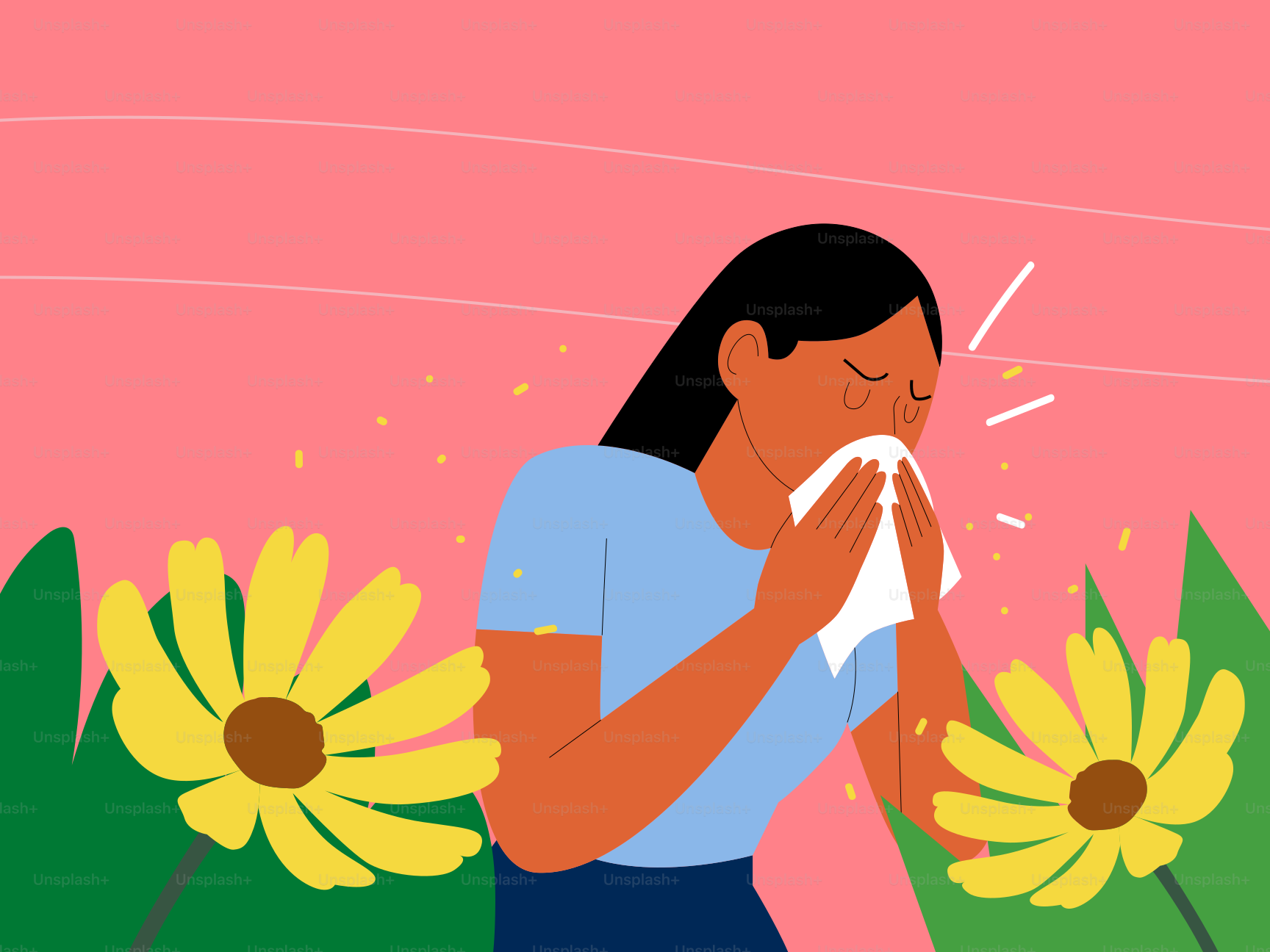 Mujer con alergias estornudando sobre un pañuelo cerca de flores