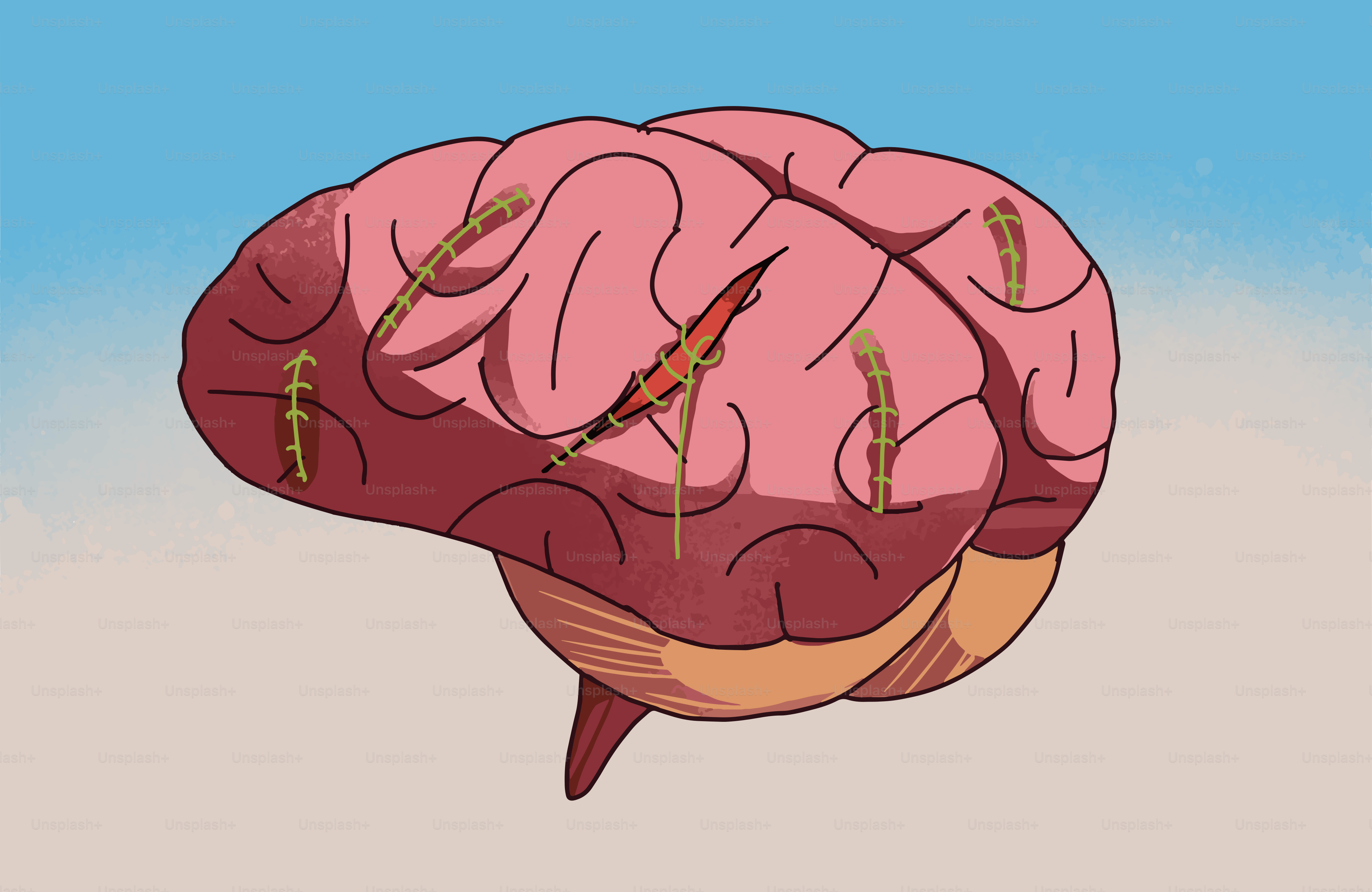 Cartoon brain with worm-like structures embedded
