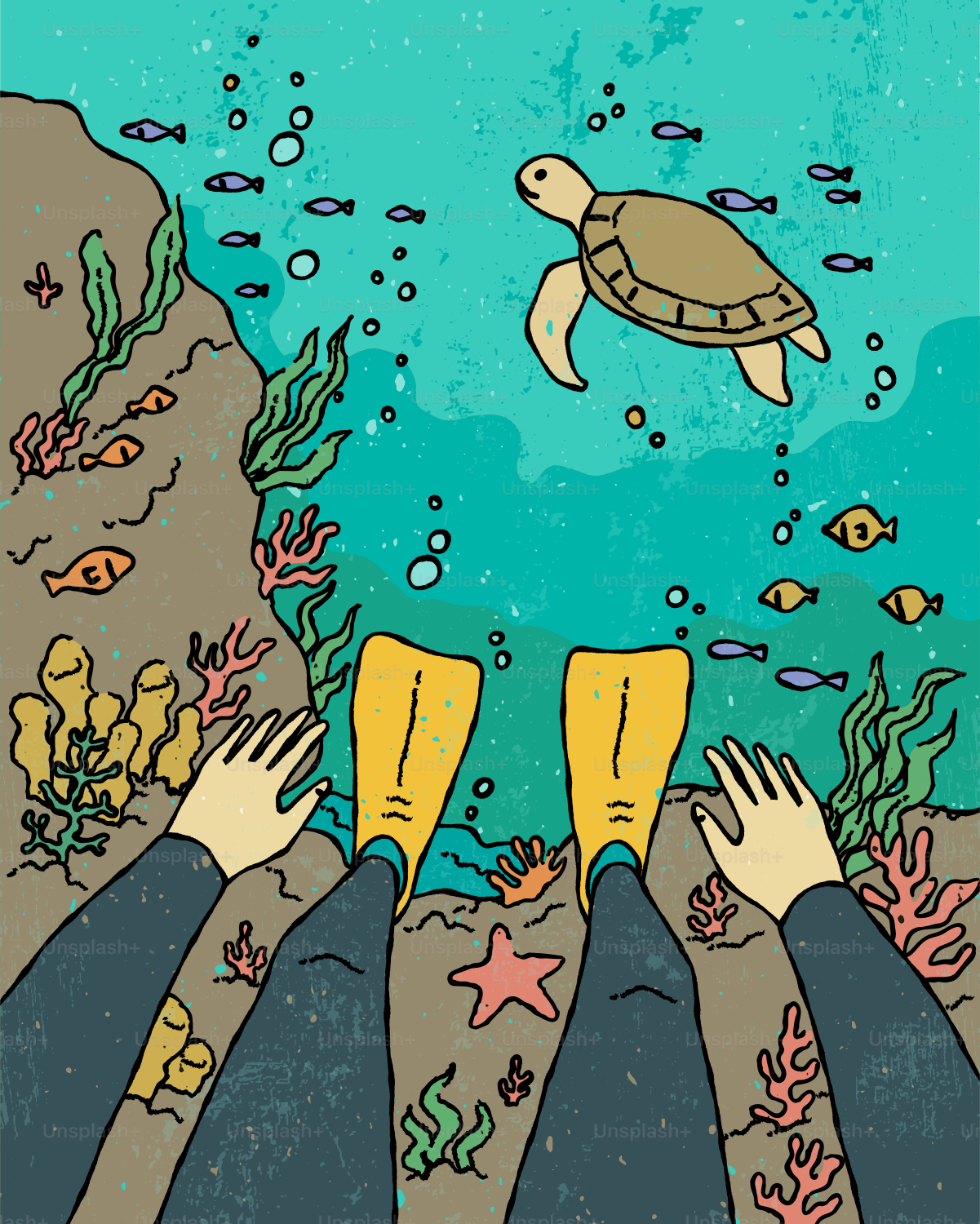 Snorkeler dengan penyu dan ikan di bawah air