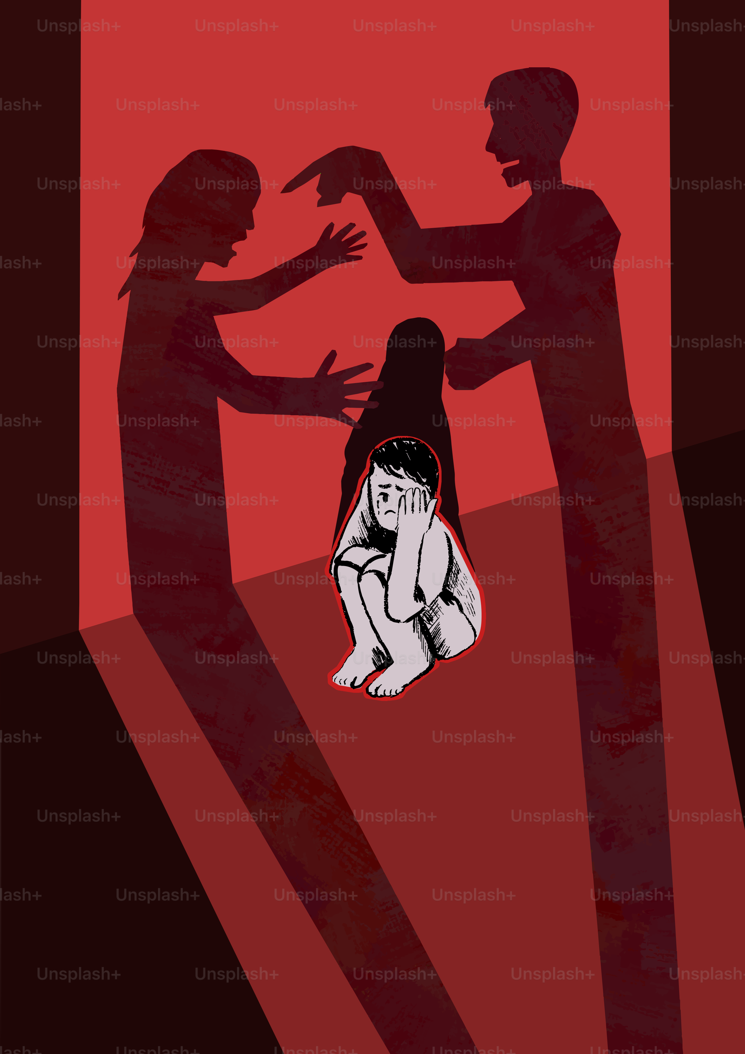 다투는 어른 그림자와 괴로운 아이