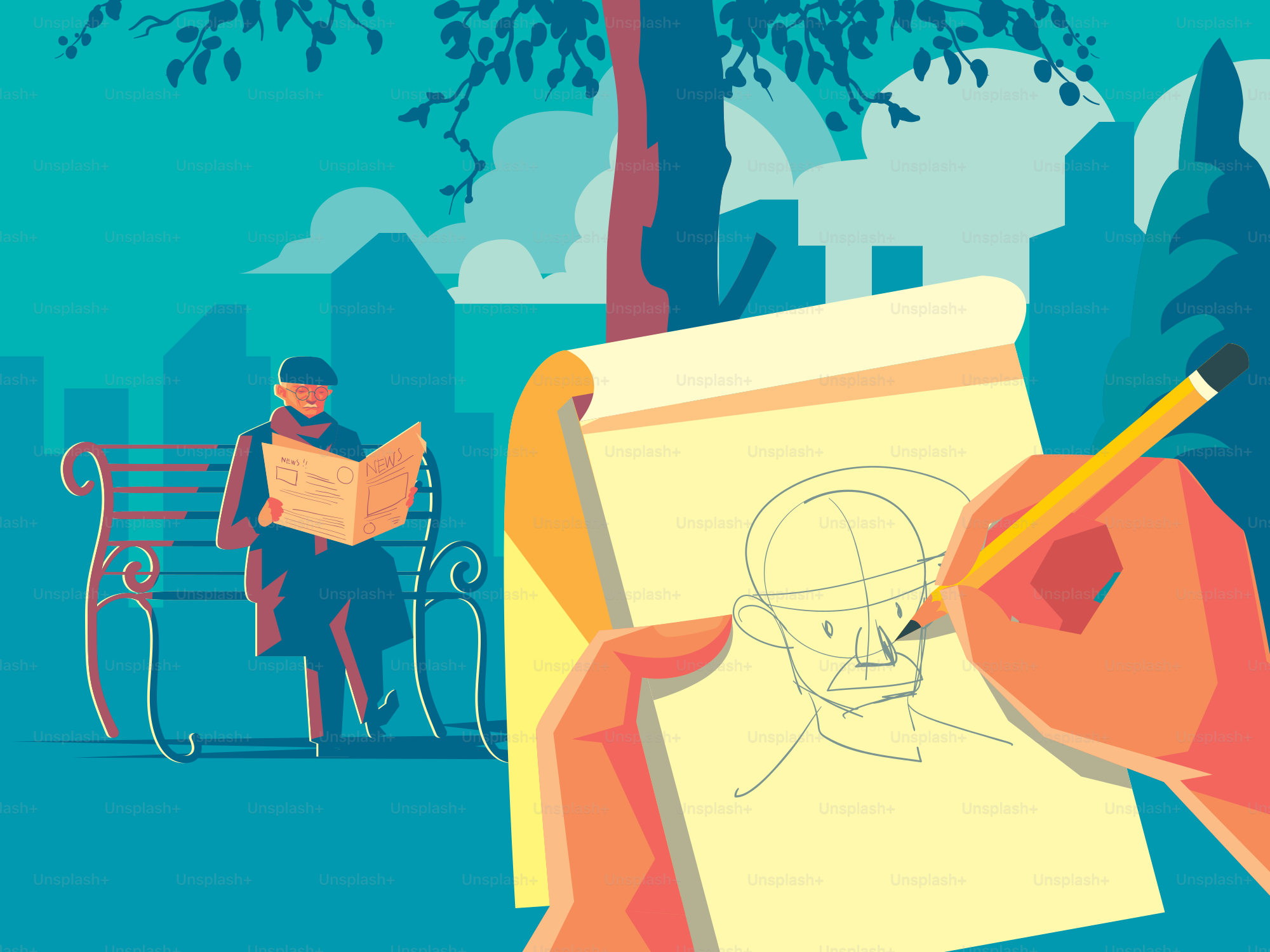 Point de vue de l’artiste dessinant une personne dans le parc