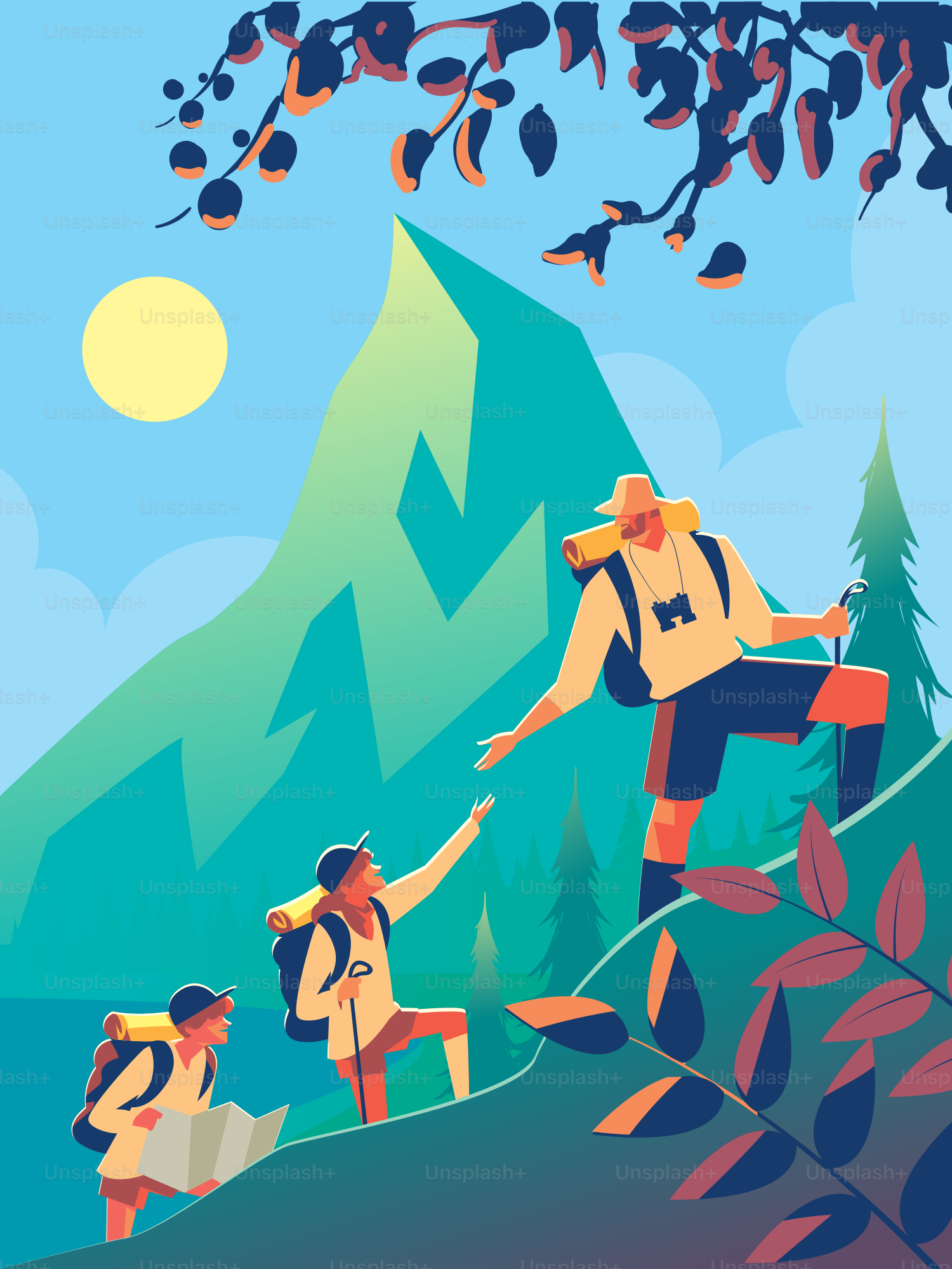 Campeurs d’été qui suivent une montagne avec carte