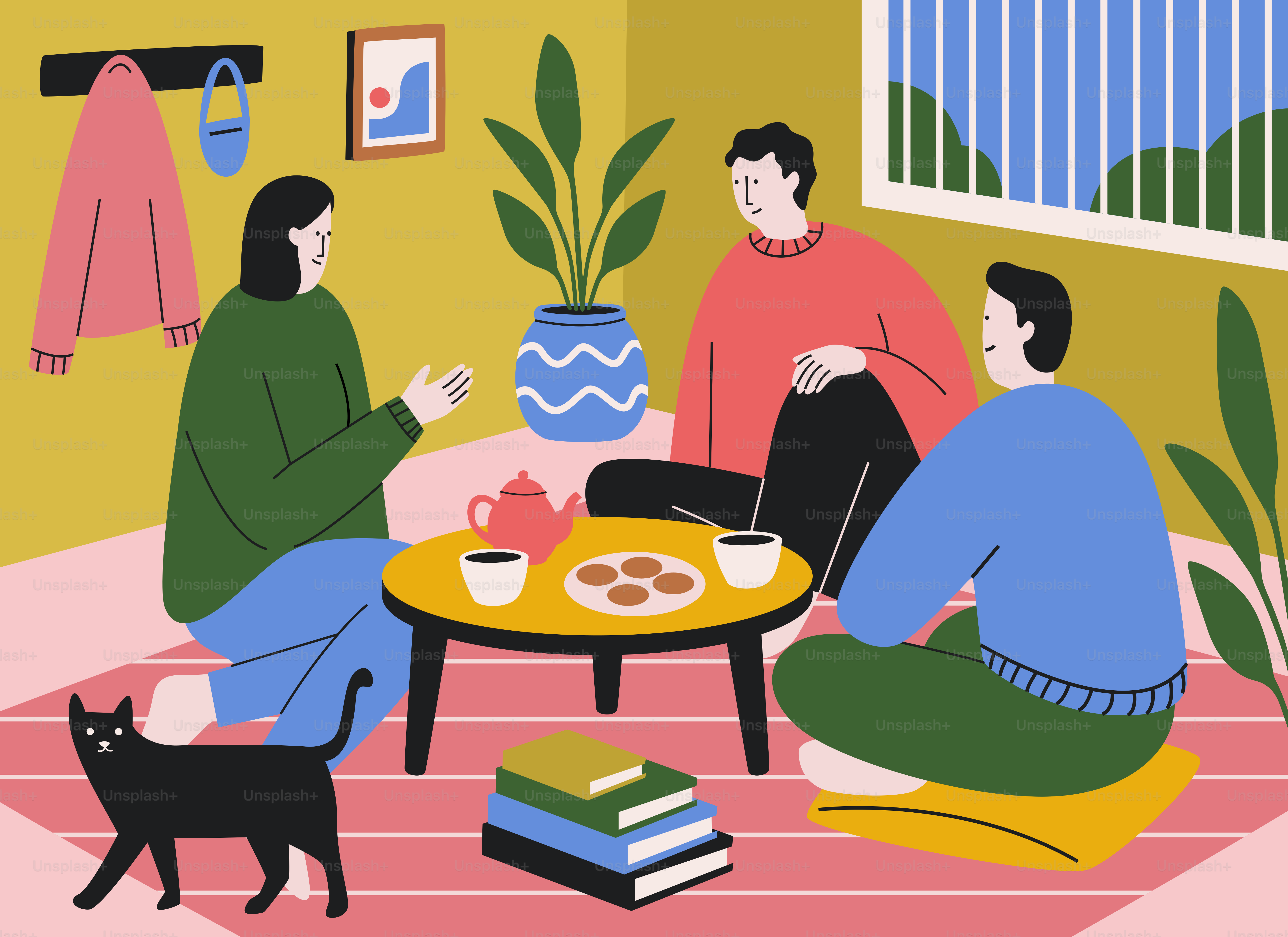 Amigos disfrutando de té y galletas con un gato