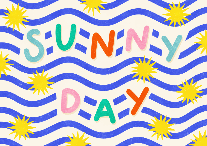 Colorful "sunny day" text with blue waves and suns