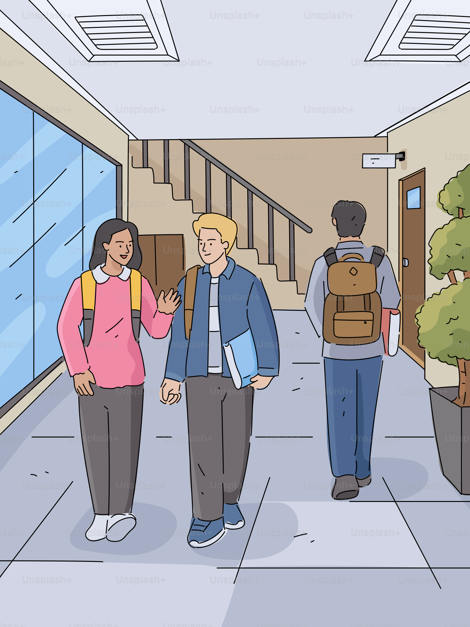 De jeunes élèves marchant dans un couloir d’école