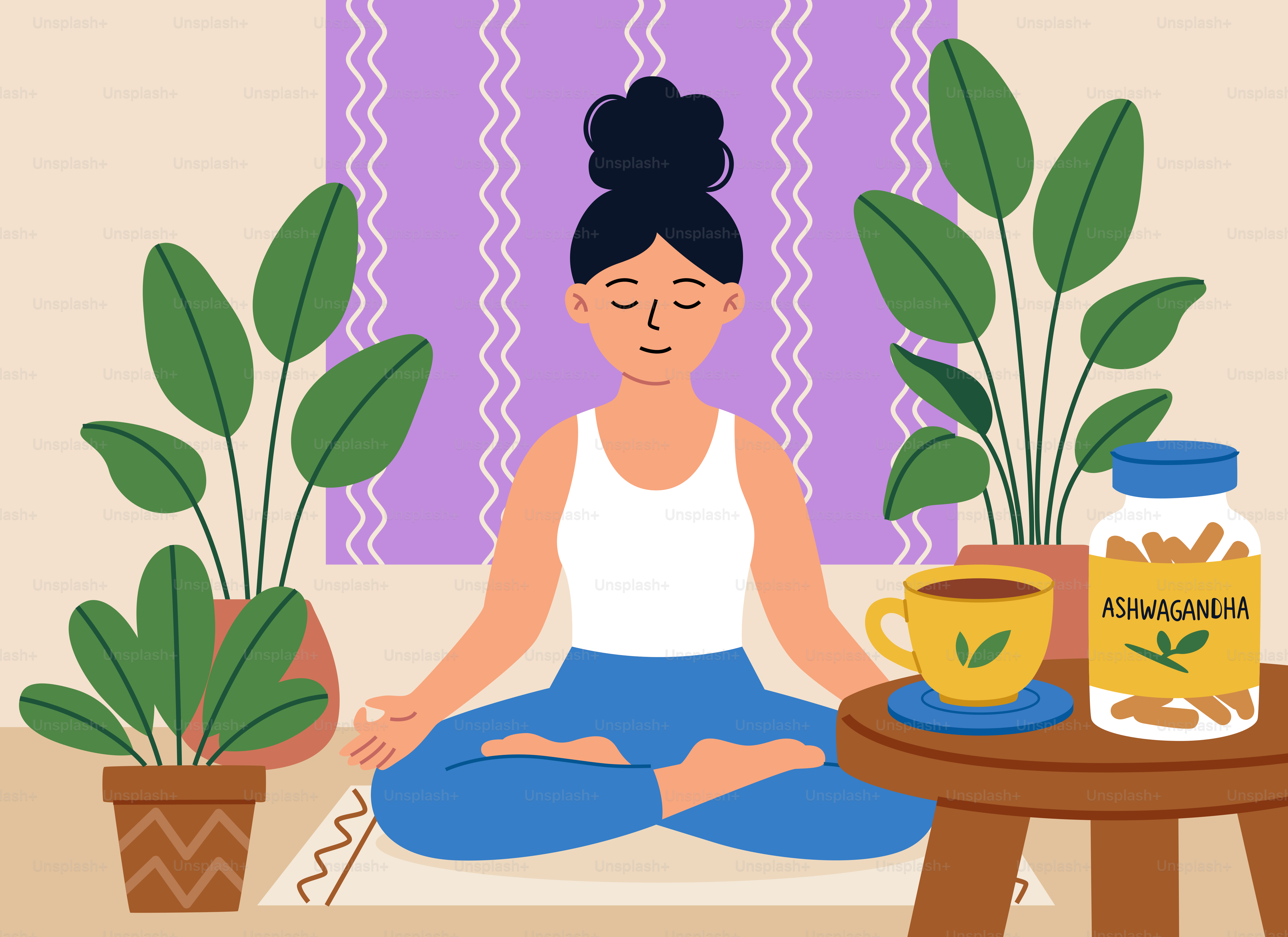 Mujer meditando con plantas, té y ashwagandha