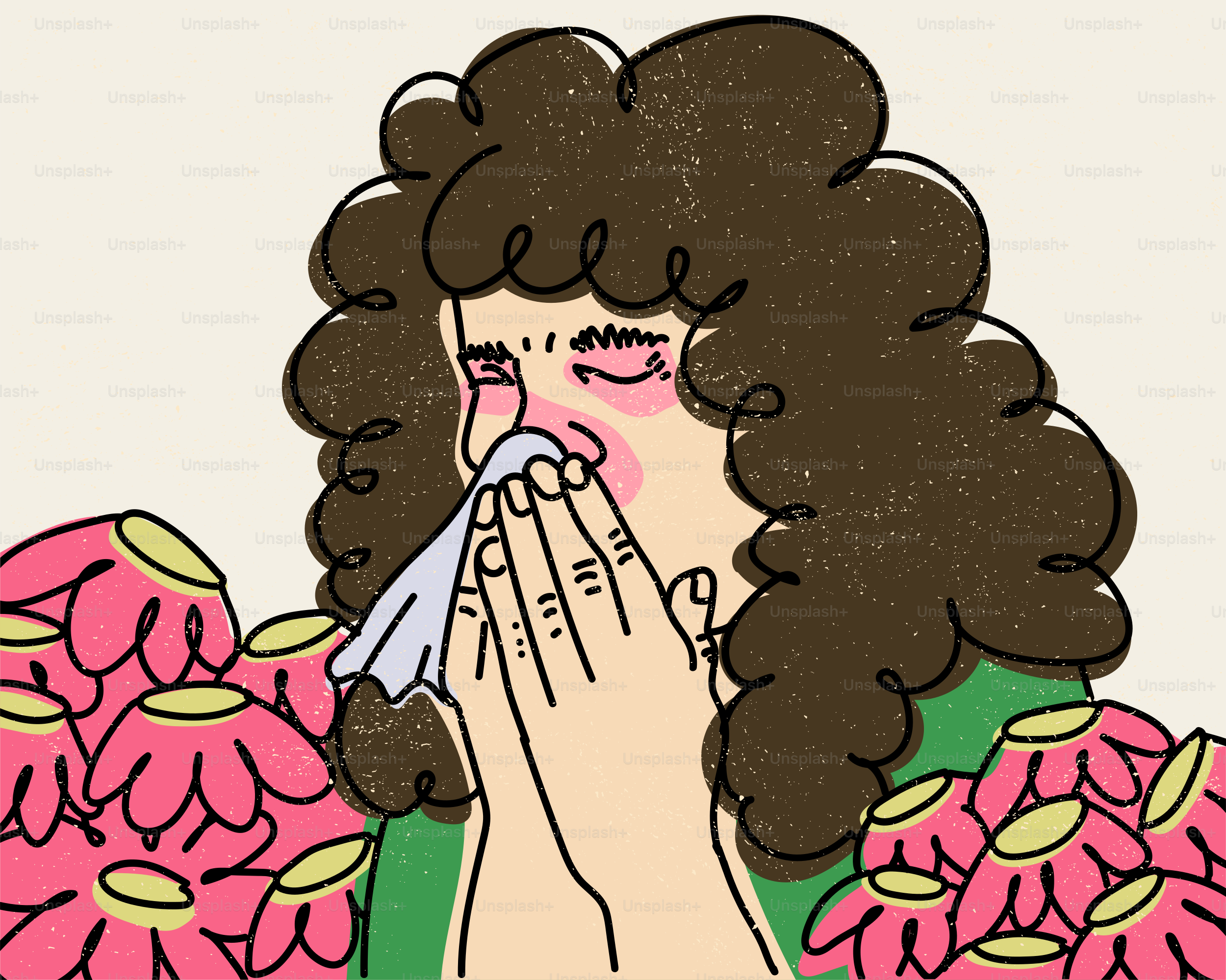 Persona alérgica sonándose la nariz entre flores rosas en flor