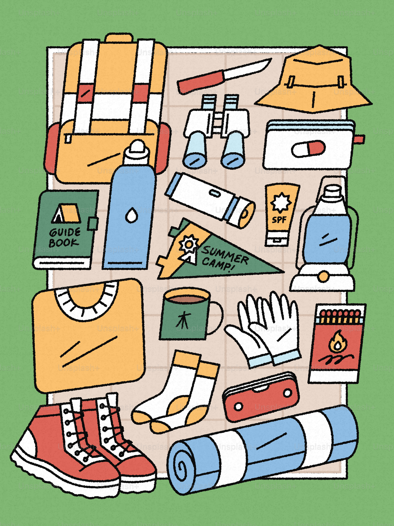 Equipamentos de camping e essenciais para atividades externas flat lay
