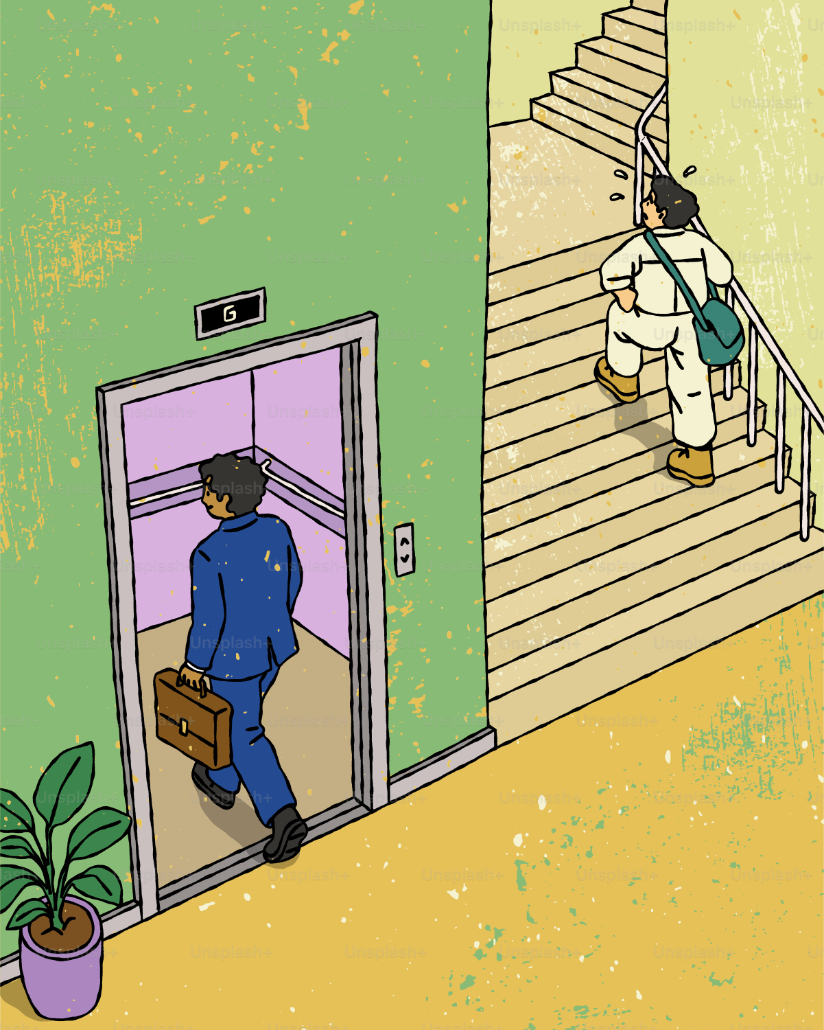 Pengusaha memasuki lift, pekerja menaiki tangga