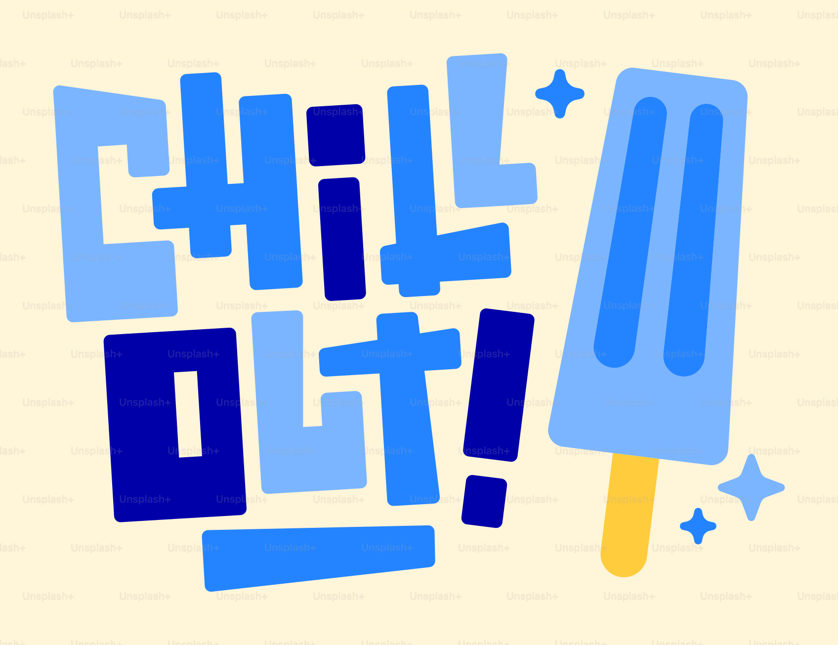 Lettres bleues « relax out ! » avec une glace stylée