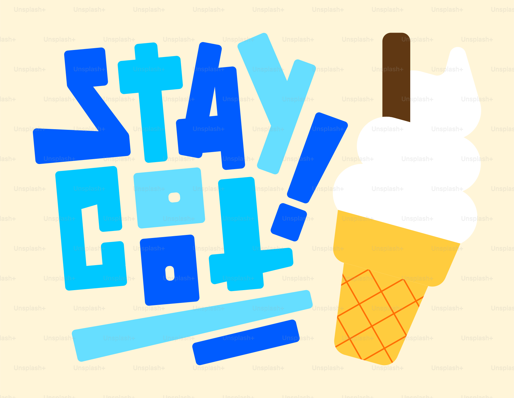 Texte stylisé « reste cool ! » avec un cornet de glace soft-serve