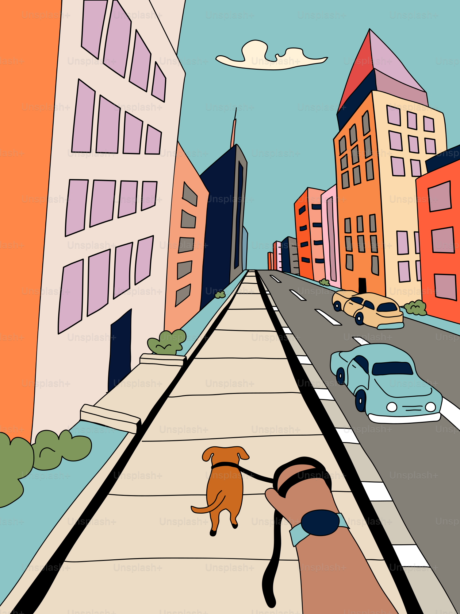 Person, die mit dem Hund die Stadtstraße hinaufgeht, geht