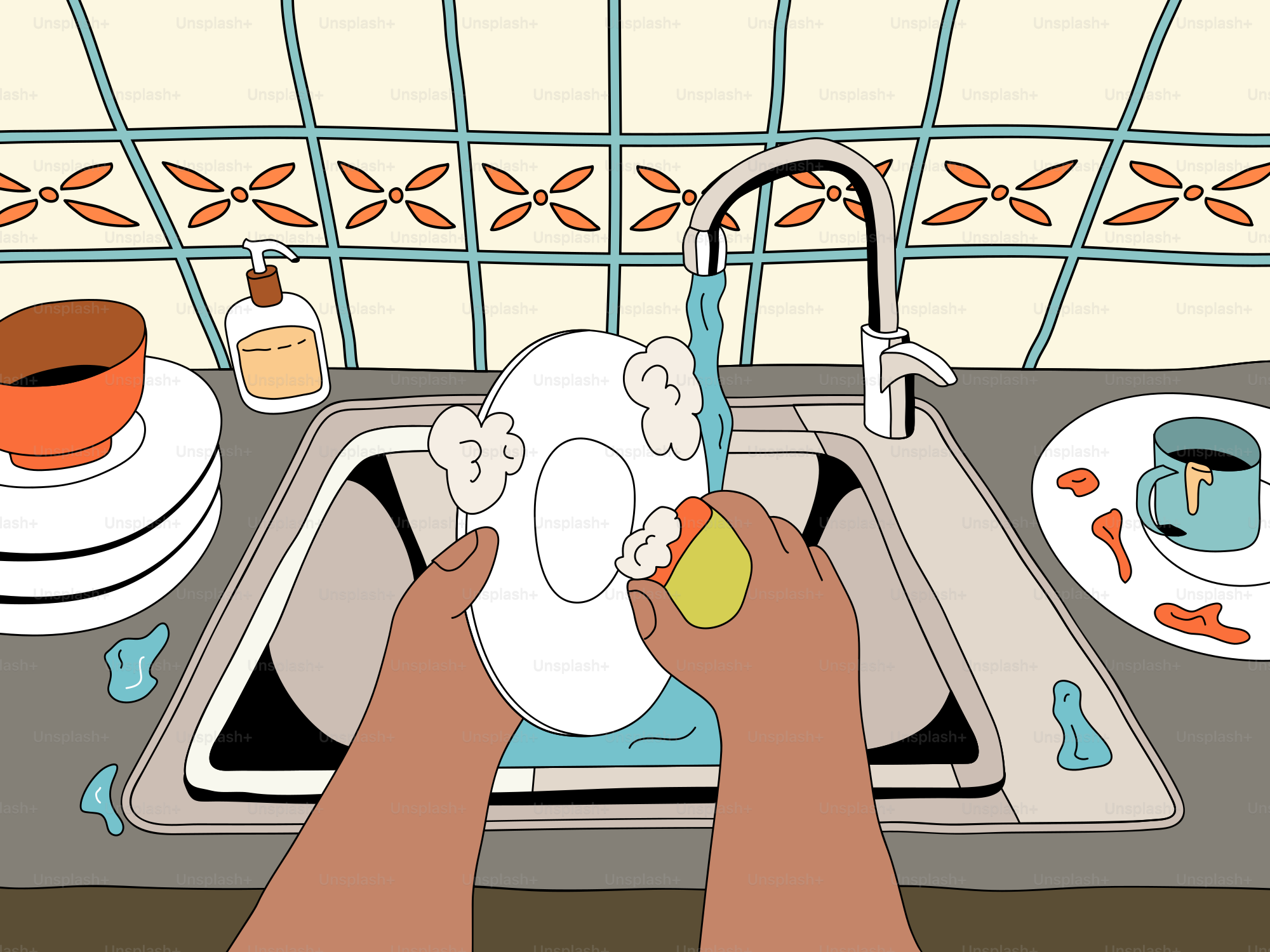 Person washing dishes in a kitchen sink