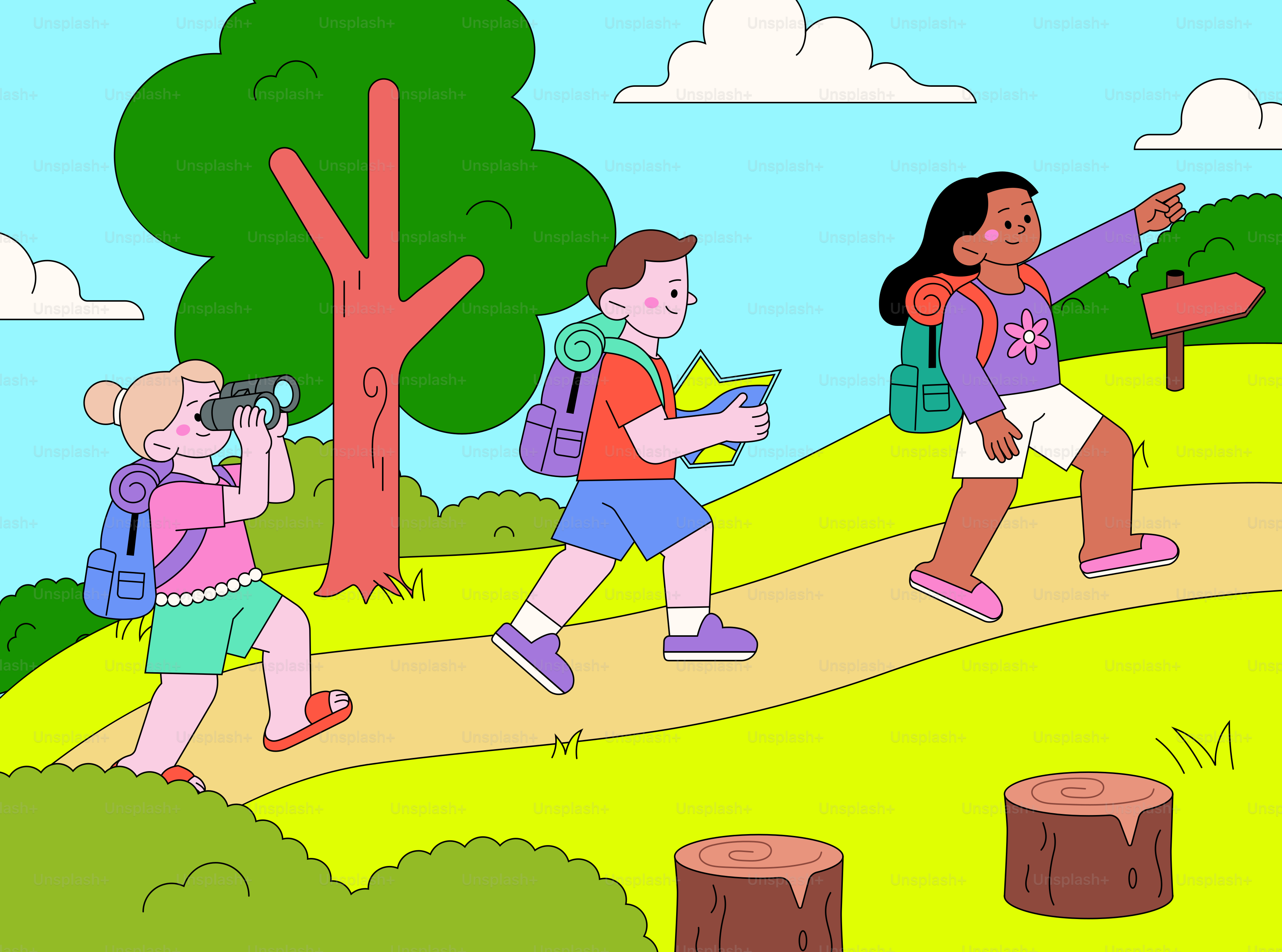 Bambini che fanno escursioni su un sentiero rigoglioso nella foresta, illustrazione piatta.