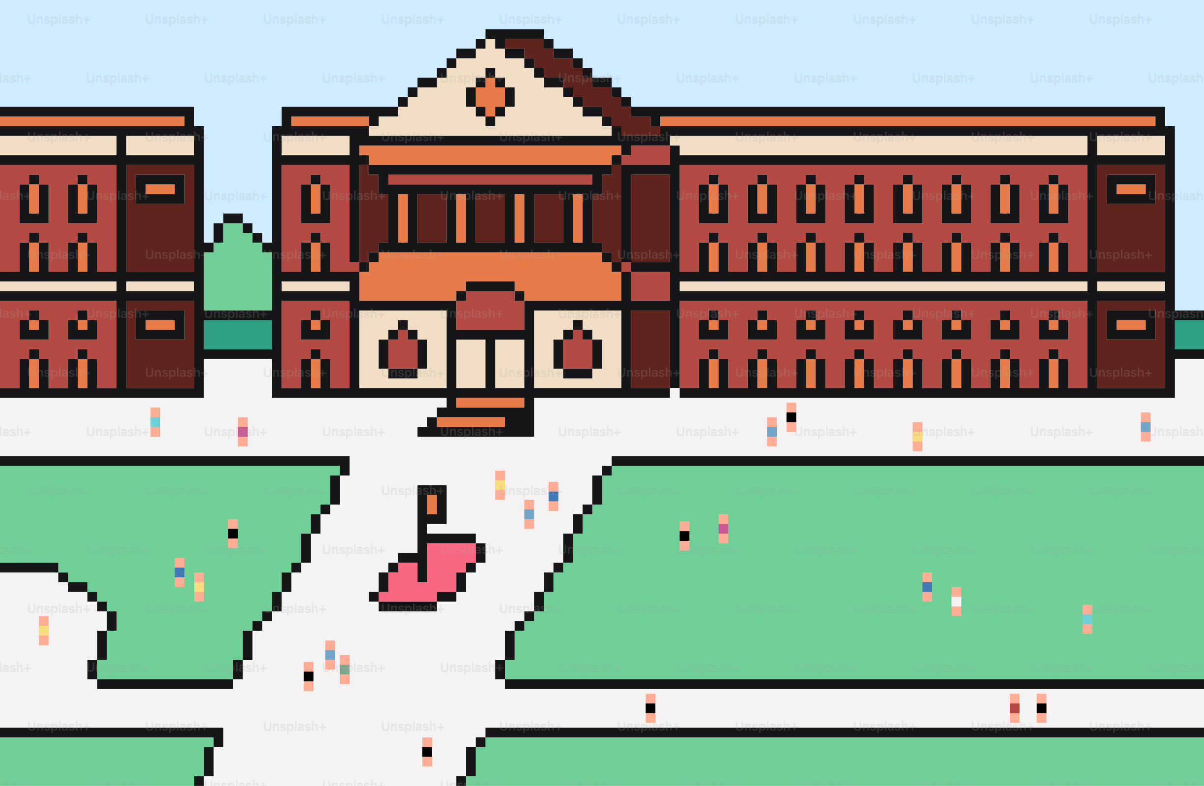 Campus universitaire d’art pixel avec des gens et un drapeau rose