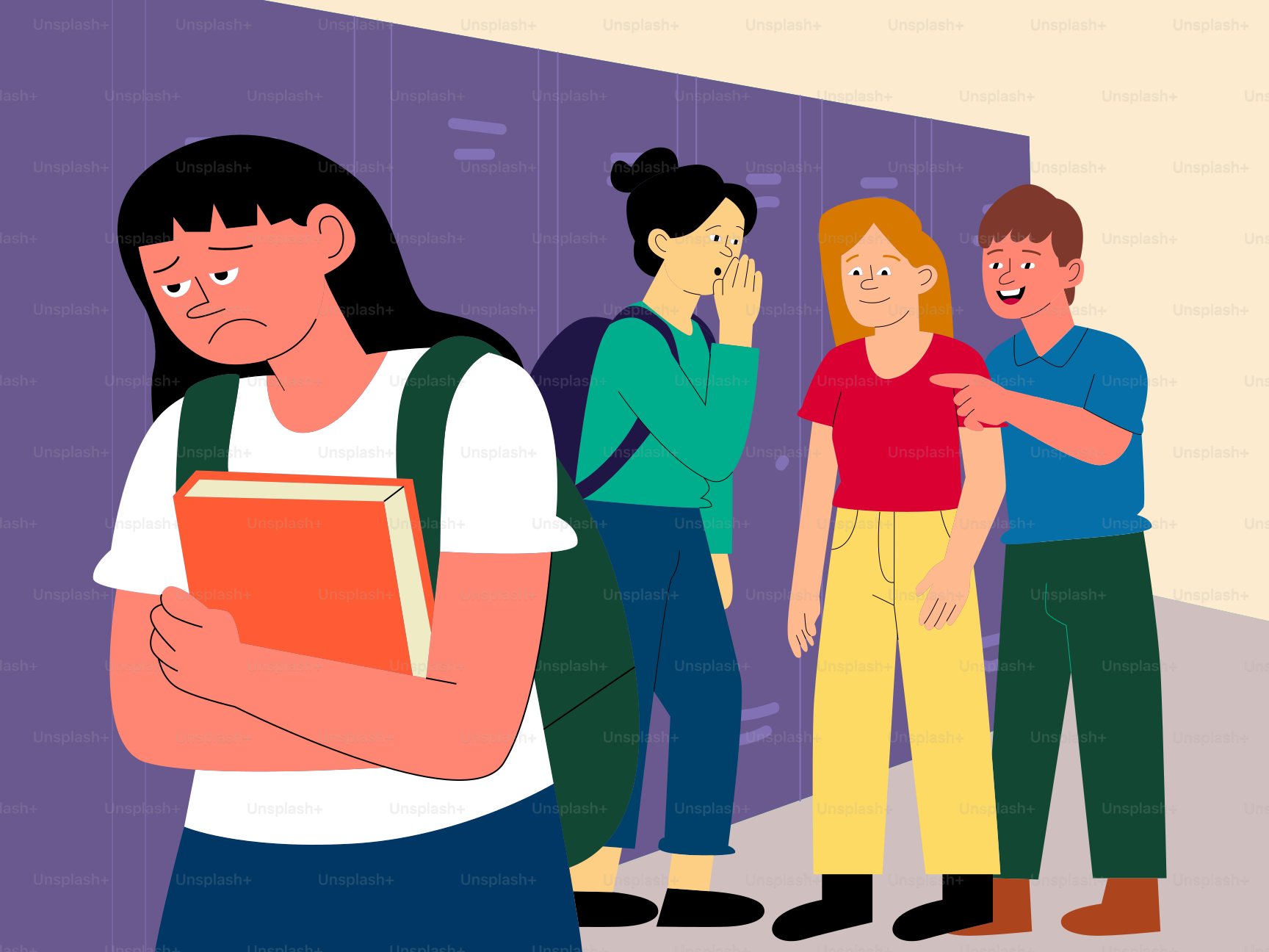 Trauriges Mädchen, das von Klassenkameraden im Schulflur gemobbt wird