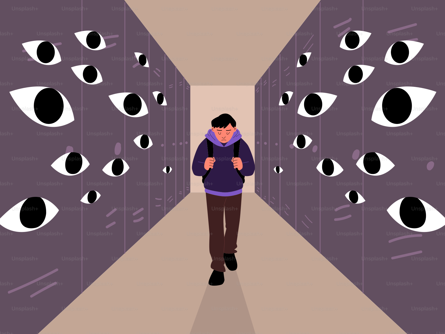 Der Schüler geht den Flur entlang, von vielen Augen beobachtet