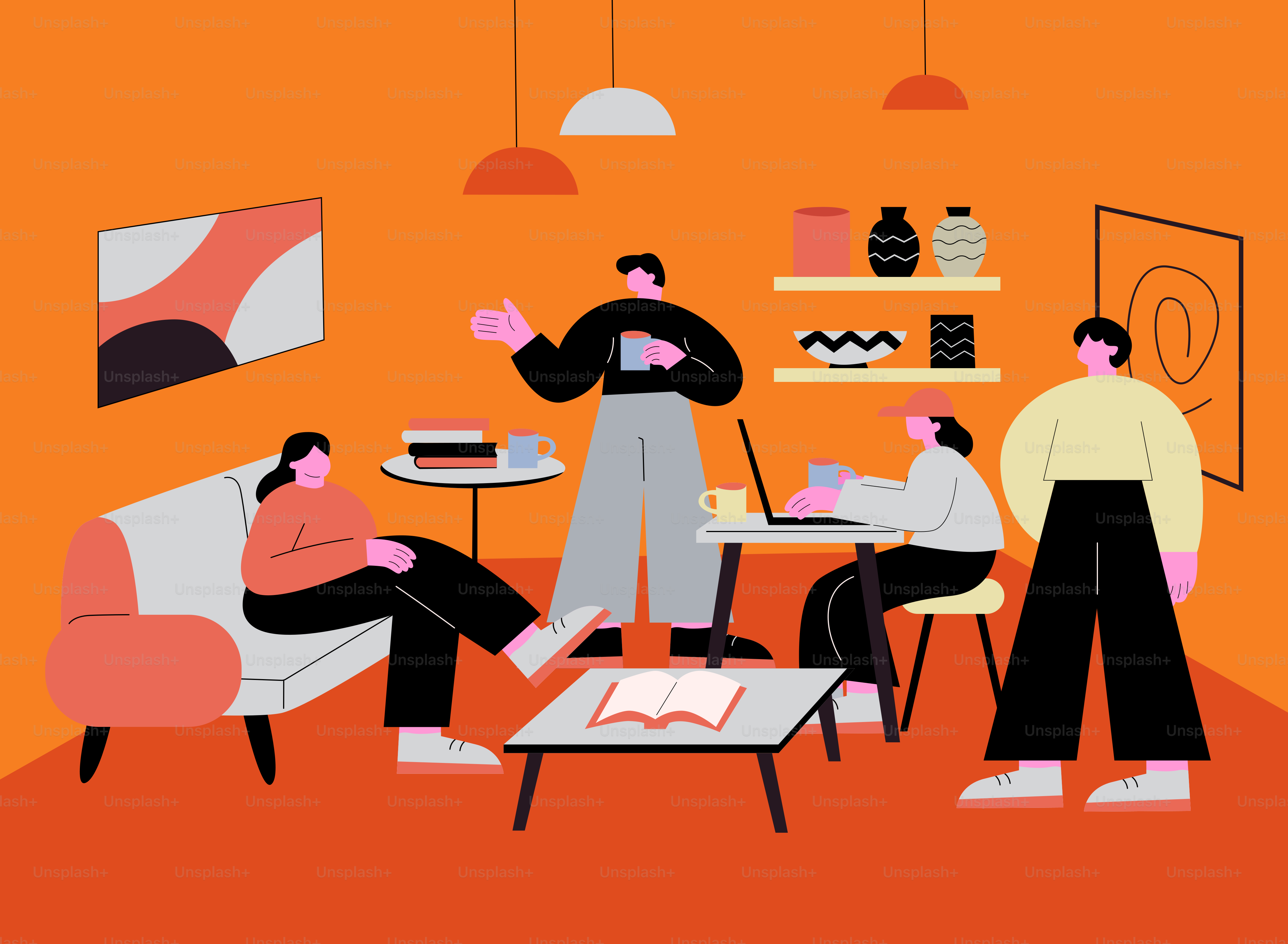 Stilisierte Menschen, die sich entspannen und im orangen Zimmer arbeiten