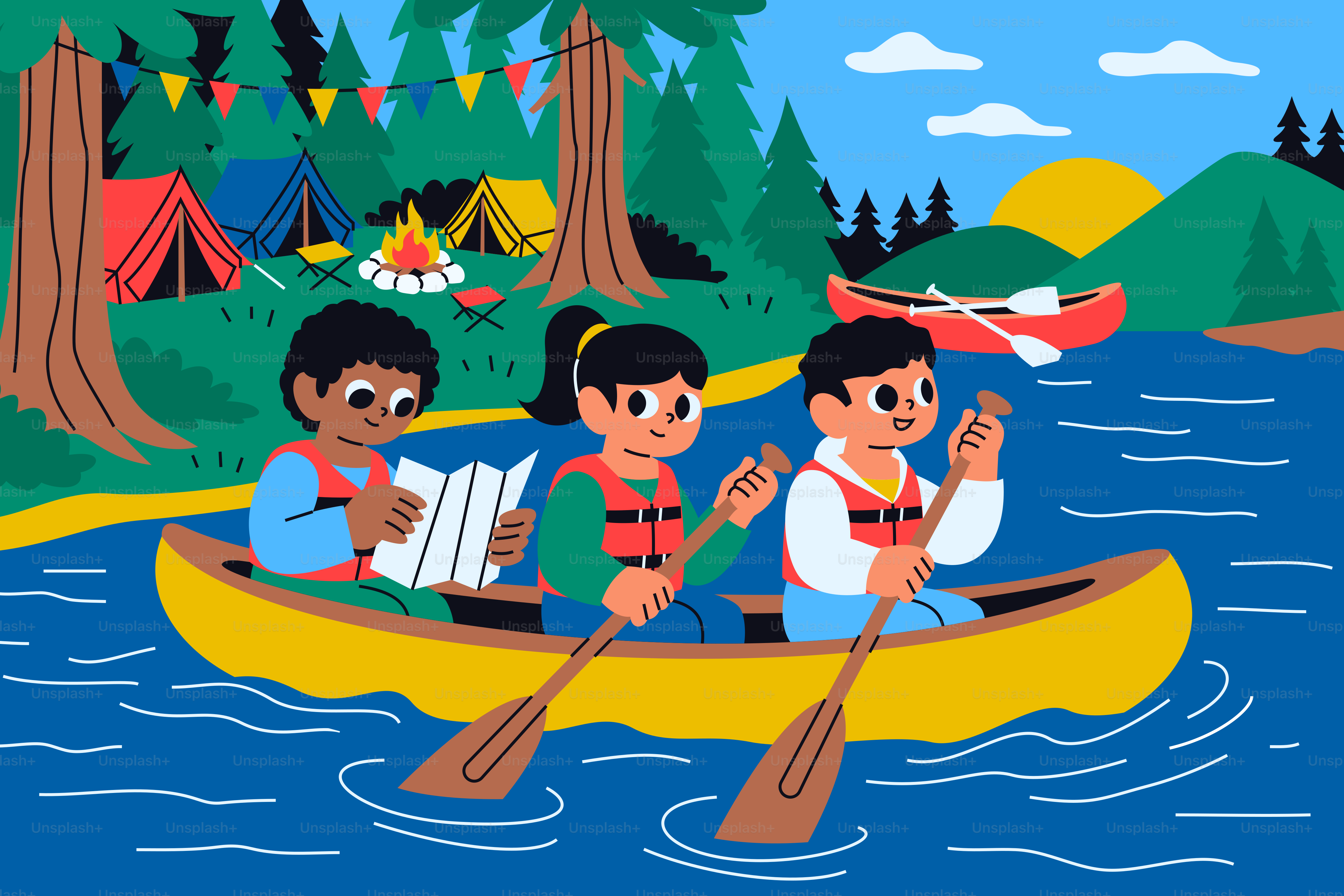 Bambini che pagaiano in canoa sul lago vicino al campo estivo