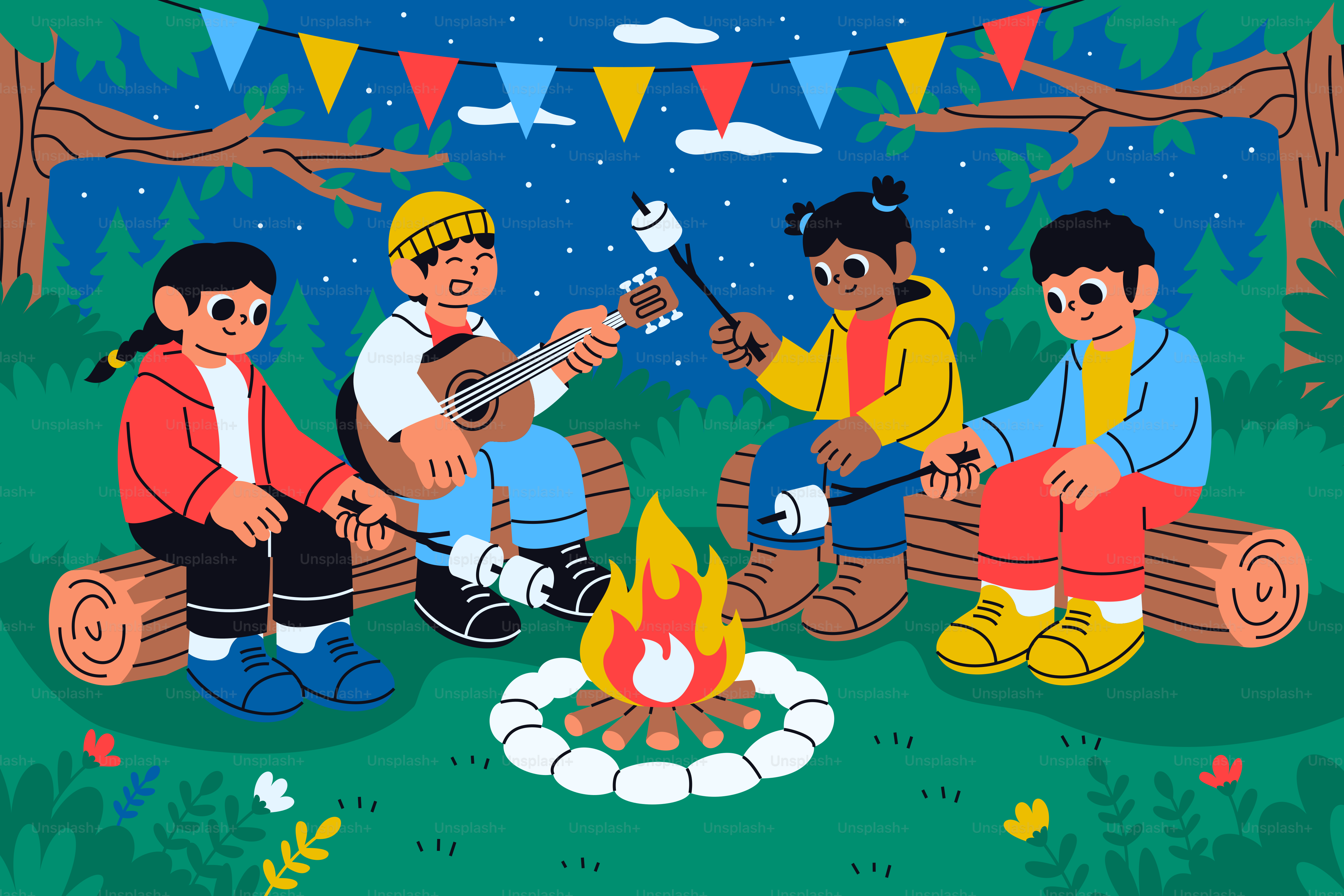 Children roasting marshmallows around a campfire at summer camp