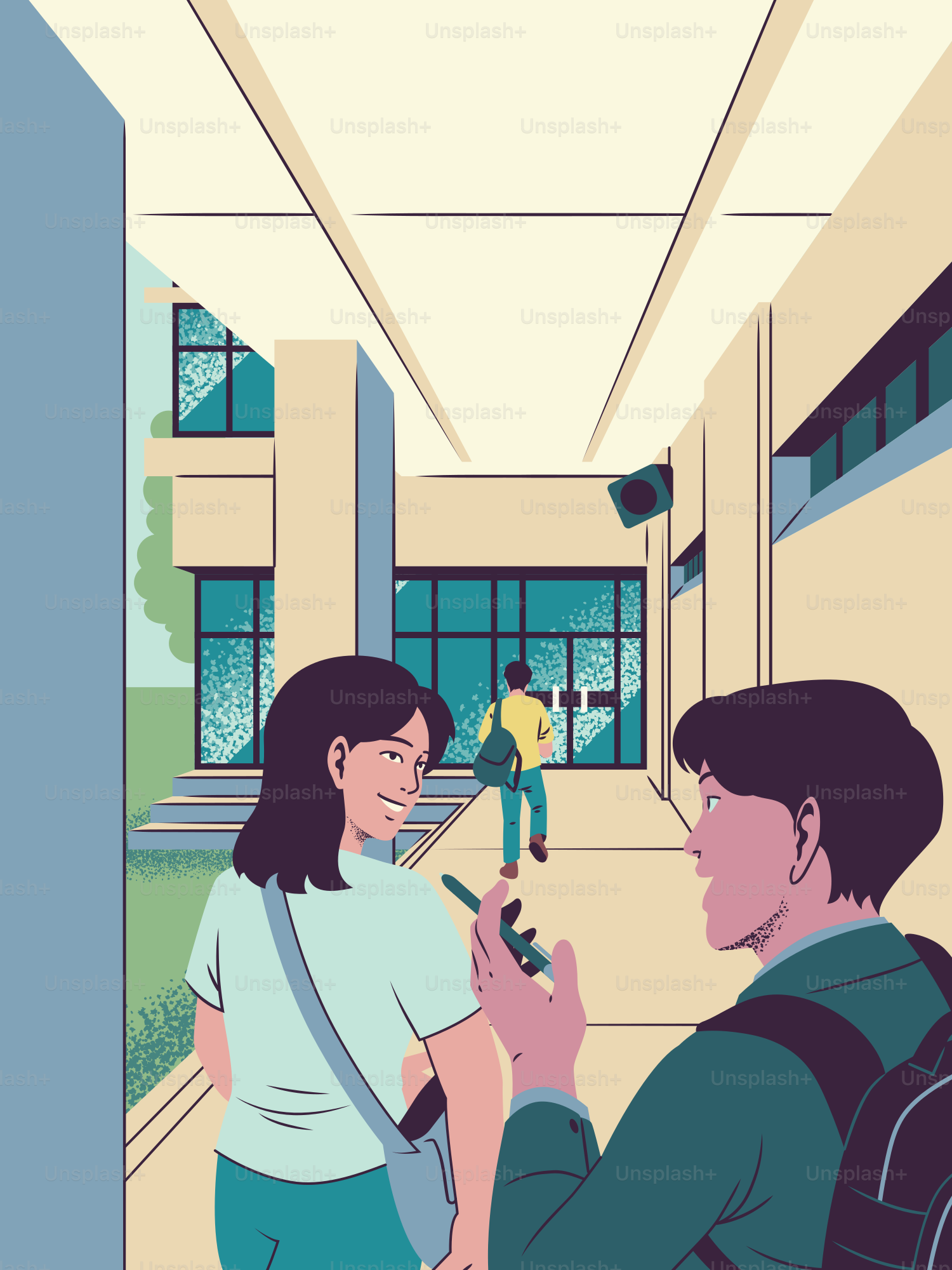 Jóvenes estudiantes hablando en un pasillo universitario moderno