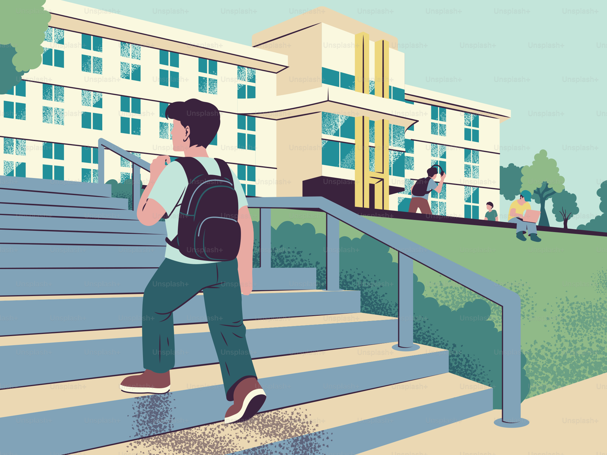 Estudiante con mochila subiendo las escaleras del campus