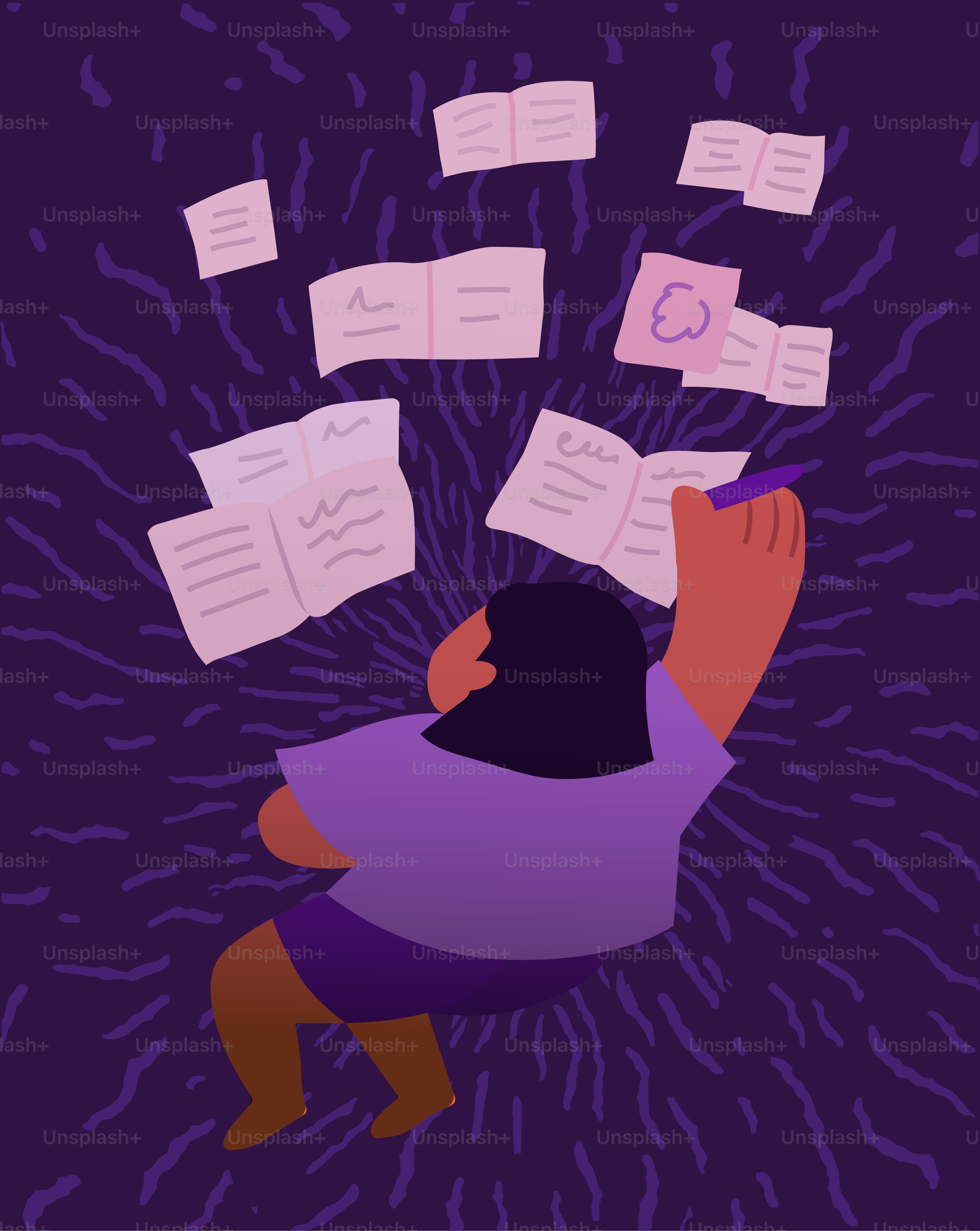 Persona che scrive circondata da libri aperti fluttuanti