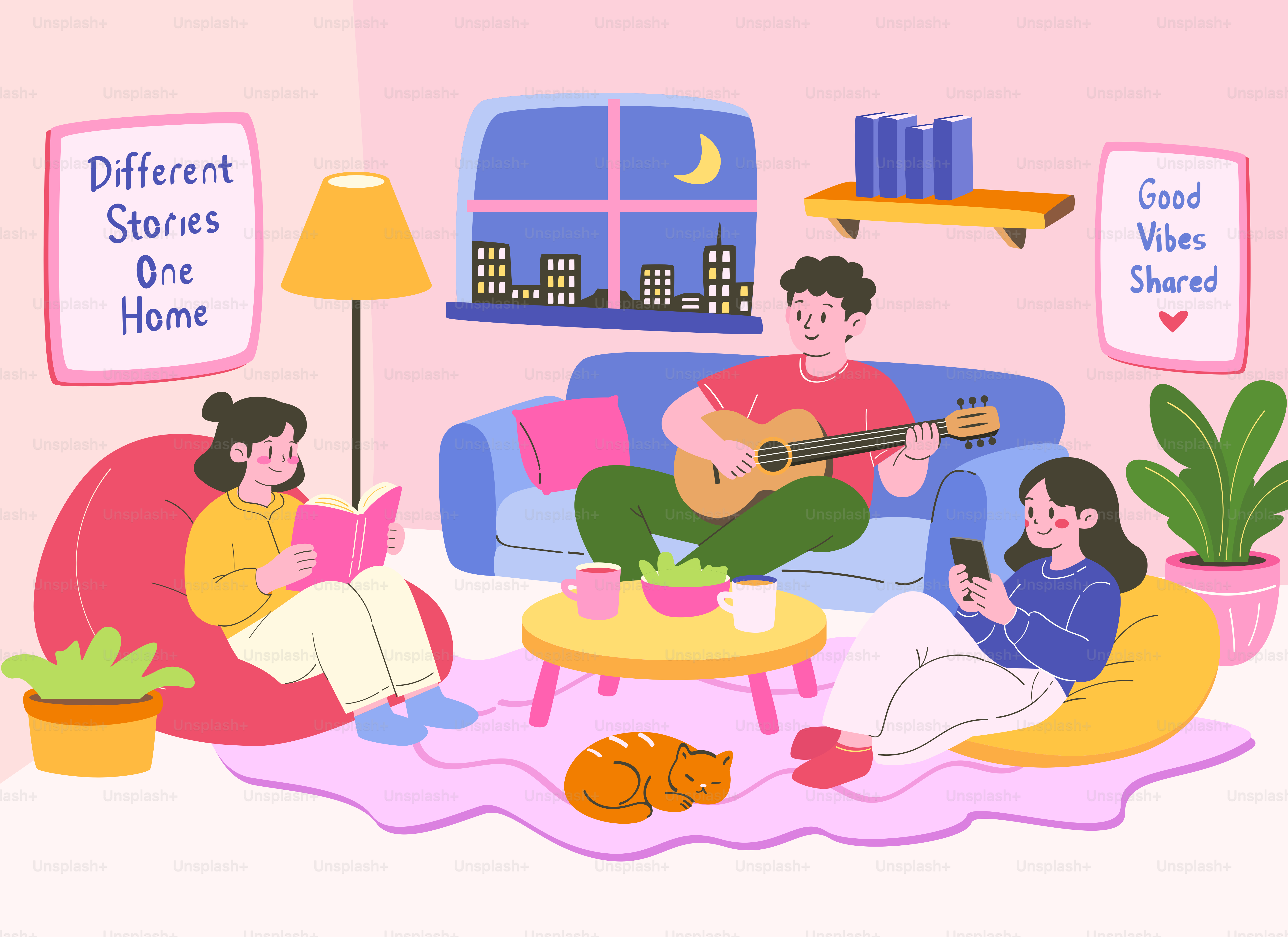 Freunde, die im Wohnzimmer entspannen, Gitarre spielen, lesen, Telefon